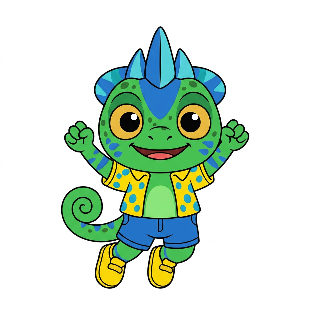 AI Design for I WANT THE FIRST IMAGES POSE AND THE SECOND IMAGES MINIMAL ALMOST NO SHADING SIMPLE COLORS THE UNIQUE EYES AND BASICALY PUT THE SECOND IMAGE TO THE POSE OF THE FORST IMAGE AND LESS SHADING AND MORE SIMPLE COLOURS THE JUMING POSE SLIGHTLY TILTED THANKS