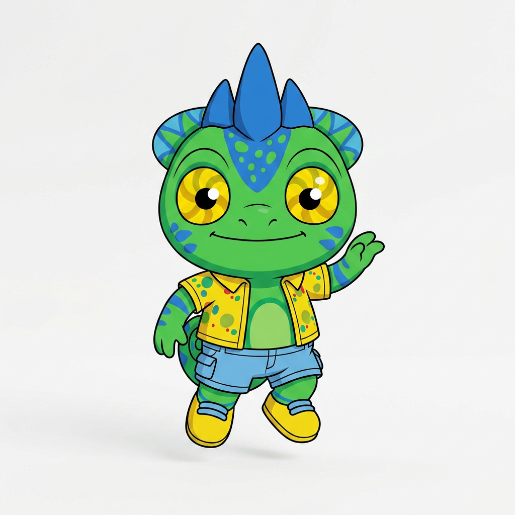 AI Design for make backgorund white make this smal chameleon character face the right while ujmping facing the viewer and has minimal shading simple vbirant colors bold black lines and do not mess up the design even a bitbut not to the side but looking or leanining to that part ever so slightrly so he can fit next to his brother but dont iclude him on the image or the background