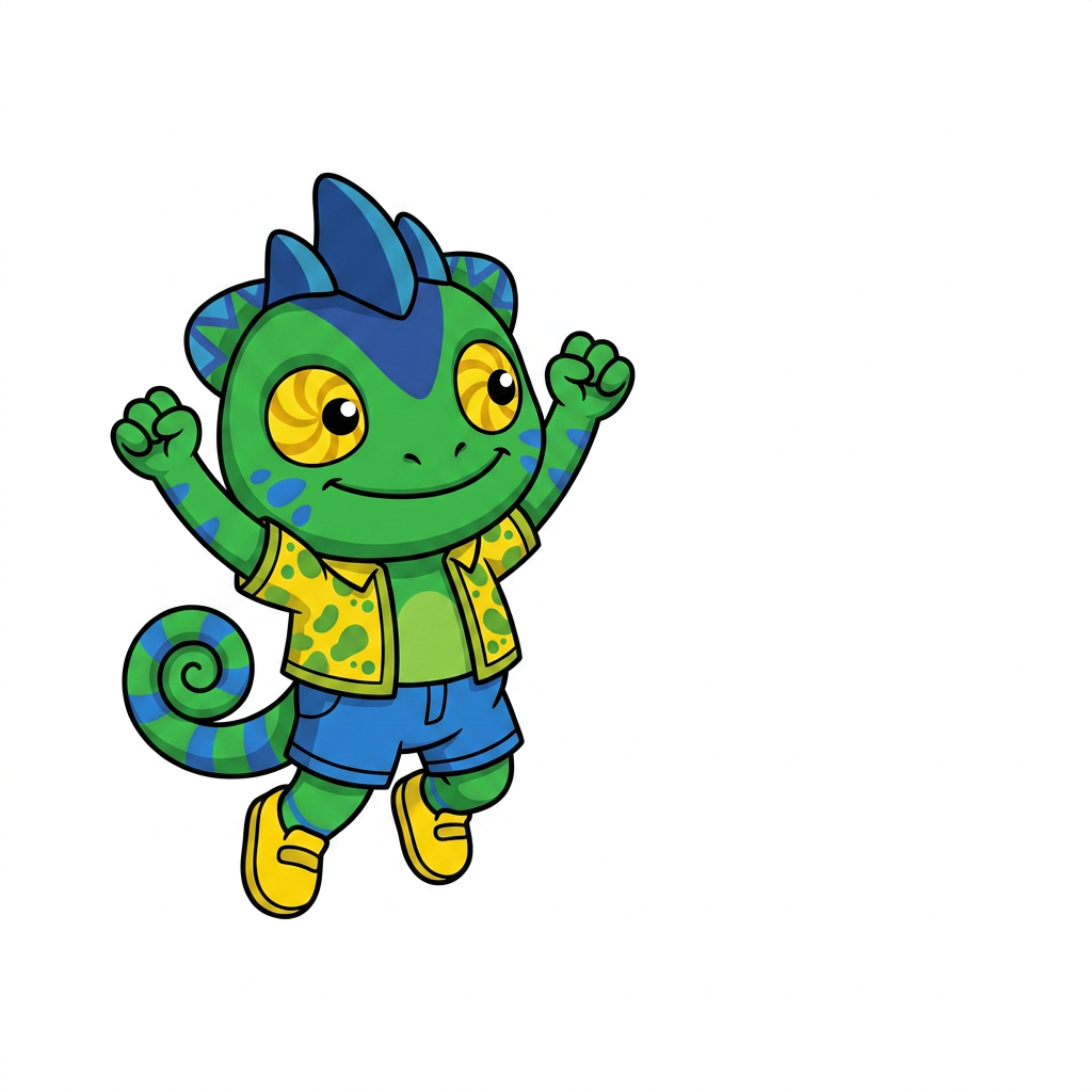 AI Design for use the provided reference image as the exact character design. Do not redesign or modify Tiny in any way. Keep all colors, proportions, markings, clothing, crest, horns, face, tail, and details exactly the same as the reference. Only change the pose. Tiny is shown in a dynamic mid-air jump on a pure white background. He is smiling happily and looking directly at the viewer. Both arms are raised upward in an excited, celebratory pose, with his legs bent naturally as if he has just jumped. Leave empty space on one side of the image for another character to stand beside him. Tiny should be positioned so that when another character is placed next to him, both characters appear to be jumping together with their raised arms forming a balanced composition. Use a clean, modern mascot illustration style with bold black outlines, flat vibrant colors, minimal shading, and smooth vector-style shapes. No text, no props, no shadows, no background elements, and no additional characters. The reference image is authoritative—only the pose should change. LISTEN BASIC COLOURS SIMPLE SHADING MINIMAL NOT MUCH AND BOLD BLACK LINES MAKE HIM SMALL CHUBBY AND LOOK TO HIS LEFT (MY RIGHT) THANK YOUUUU DO NOT INCLUDE ORANGE LIZARD JUST USE HIM AS ART STYLE INSPIRATION AND MAKE HIM LOOK A LITTLE BIT LIKE HIM short AND CHUBBY LIZARD WITH SHORT ARMS OK