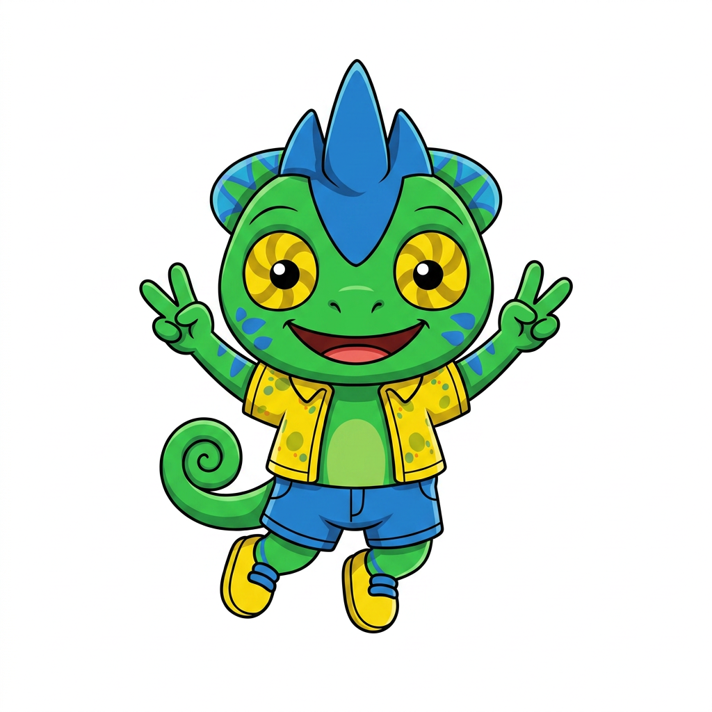 AI Design for use the provided reference image as the exact character design. Do not redesign or modify Tiny in any way. Keep all colors, proportions, markings, clothing, crest, horns, face, tail, and details exactly the same as the reference. Only change the pose. Tiny is shown in a dynamic mid-air jump on a pure white background. He is smiling happily and looking directly at the viewer. Both arms are raised upward in an excited, celebratory pose, with his legs bent naturally as if he has just jumped. Leave empty space on one side of the image for another character to stand beside him. Tiny should be positioned so that when another character is placed next to him, both characters appear to be jumping together with their raised arms forming a balanced composition. Use a clean, modern mascot illustration style with bold black outlines, flat vibrant colors, minimal shading, and smooth vector-style shapes. No text, no props, no shadows, no background elements, and no additional characters. The reference image is authoritative—only the pose should change. LISTEN BASIC COLOURS SIMPLE SHADING MINIMAL NOT MUCH AND BOLD BLACK LINES MAKE HIM SMALL CHUBBY AND LOOK TO HIS LEFT (MY RIGHT) THANK YOUUUU DO NOT INCLUDE ORANGE LIZARD JUST USE HIM AS ART STYLE INSPIRATION AND MAKE HIM LOOK A LITTLE BIT LIKE HIM short AND CHUBBY LIZARD WITH SHORT ARMS OK