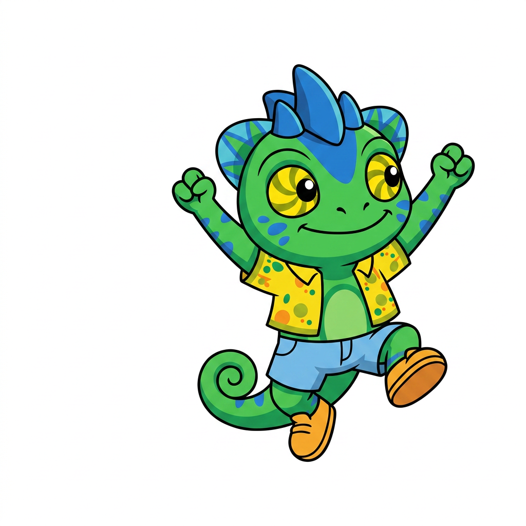 AI Design for use the provided reference image as the exact character design. Do not redesign or modify Tiny in any way. Keep all colors, proportions, markings, clothing, crest, horns, face, tail, and details exactly the same as the reference. Only change the pose. Tiny is shown in a dynamic mid-air jump on a pure white background. He is smiling happily and looking directly at the viewer. Both arms are raised upward in an excited, celebratory pose, with his legs bent naturally as if he has just jumped. Leave empty space on one side of the image for another character to stand beside him. Tiny should be positioned so that when another character is placed next to him, both characters appear to be jumping together with their raised arms forming a balanced composition. Use a clean, modern mascot illustration style with bold black outlines, flat vibrant colors, minimal shading, and smooth vector-style shapes. No text, no props, no shadows, no background elements, and no additional characters. The reference image is authoritative—only the pose should change. LISTEN BASIC COLOURS SIMPLE SHADING MINIMAL NOT MUCH AND BOLD BLACK LINES MAKE HIM SMALL CHUBBY AND LOOK TO HIS LEFT (MY RIGHT) THANK YOUUUU
