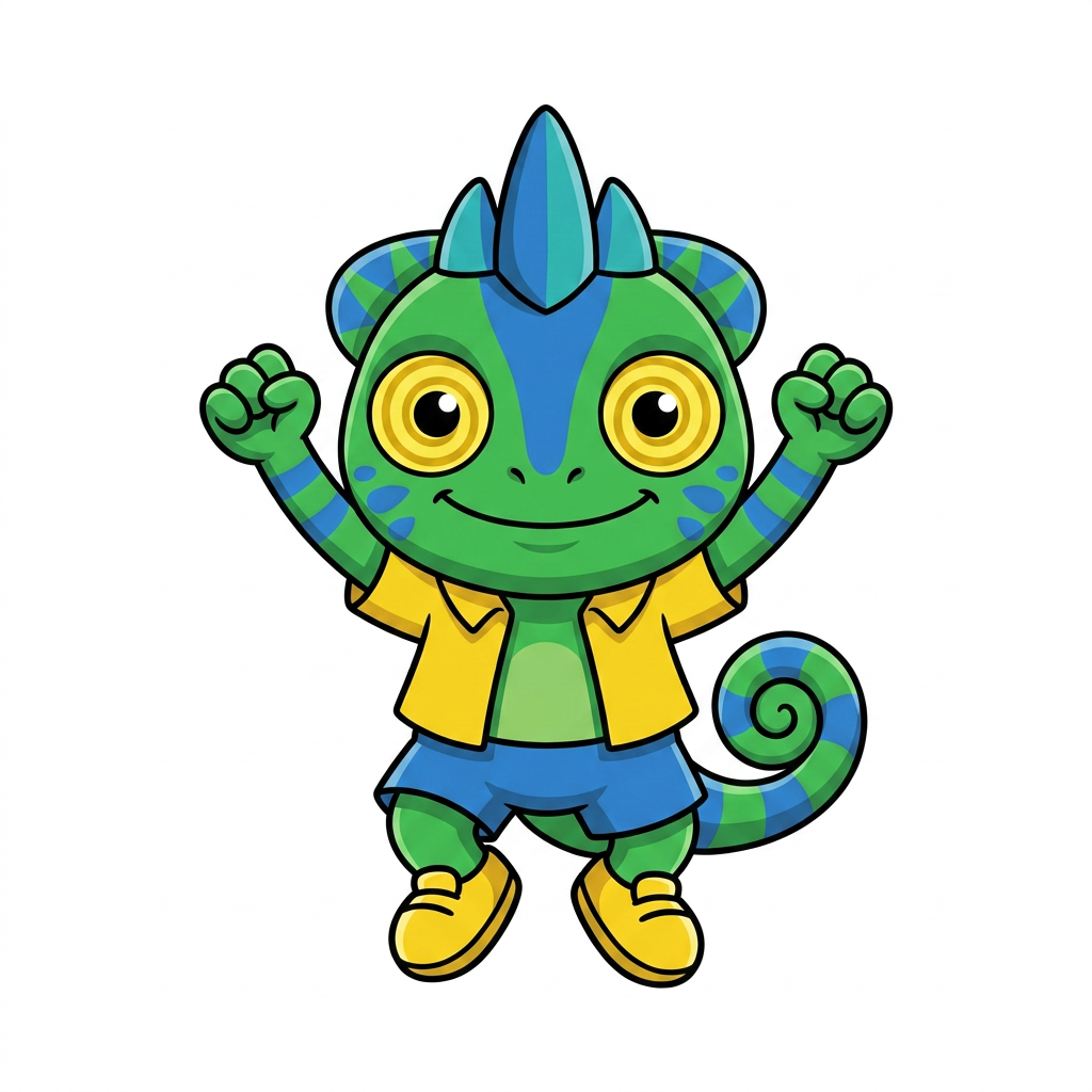 AI Design for FIX THE CHARACTHER DESIGN IN THE DRAWONG STYLE AND POSE THANK YOU SO MUCH SO SIMPLE COLOURS MINIMAL SHADING AND BOLD BLACK LINES FIX HIS EYES AND MAKE HIM HAVE STUBBY SHORT ARMS AND LEGS AND ONLY CHANGE THE EYES AND PROPORTIONS NO COLOURS SHOULD BE CHANGHED ALL INCLUDED