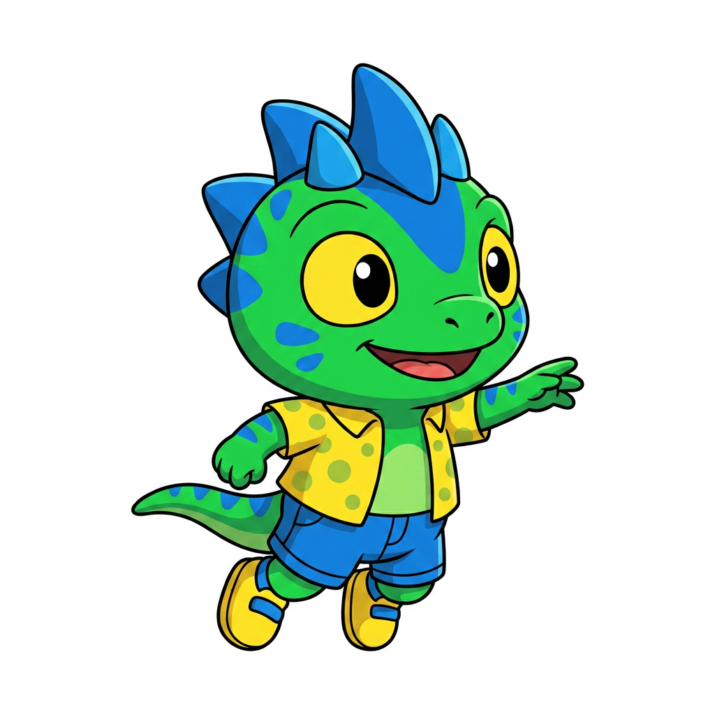 AI Design for make backgorund white make this smal chameleon character face the right while ujmping facing the viewer and has minimal shading simple vbirant colors bold black lines and do not mess up the design even a bit