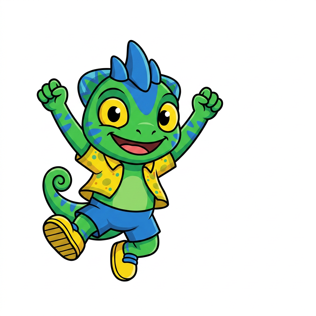 AI Design for use the provided reference image as the exact character design. Do not redesign or modify Tiny in any way. Keep all colors, proportions, markings, clothing, crest, horns, face, tail, and details exactly the same as the reference. Only change the pose. Tiny is shown in a dynamic mid-air jump on a pure white background. He is smiling happily and looking directly at the viewer. Both arms are raised upward in an excited, celebratory pose, with his legs bent naturally as if he has just jumped. Leave empty space on one side of the image for another character to stand beside him. Tiny should be positioned so that when another character is placed next to him, both characters appear to be jumping together with their raised arms forming a balanced composition. Use a clean, modern mascot illustration style with bold black outlines, flat vibrant colors, minimal shading, and smooth vector-style shapes. No text, no props, no shadows, no background elements, and no additional characters. The reference image is authoritative—only the pose should change.
