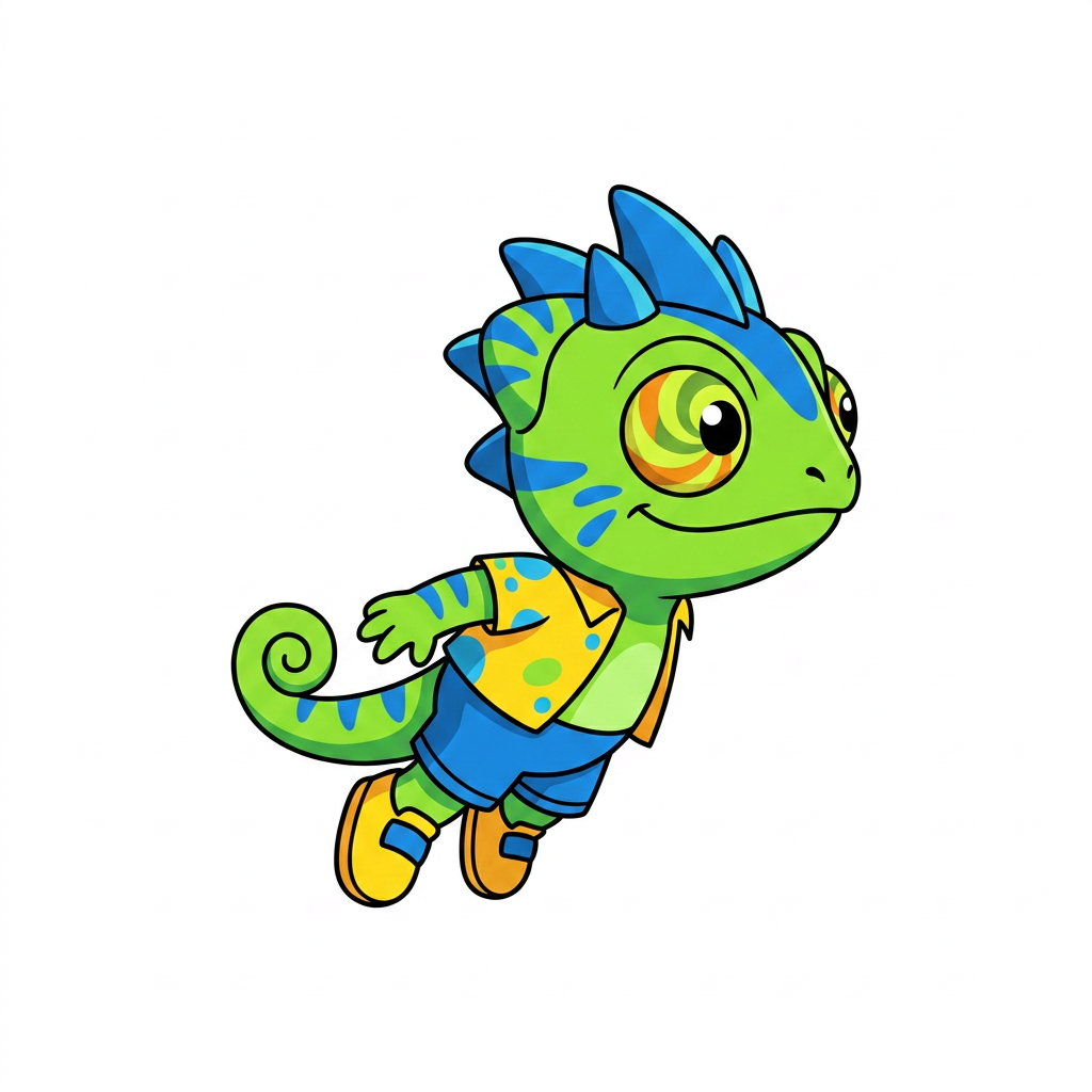 AI Design for make backgorund white make this smal chameleon character face the right while ujmping facing the viewer and has minimal shading simple vbirant colors bold black lines and do not mess up the design even a bit