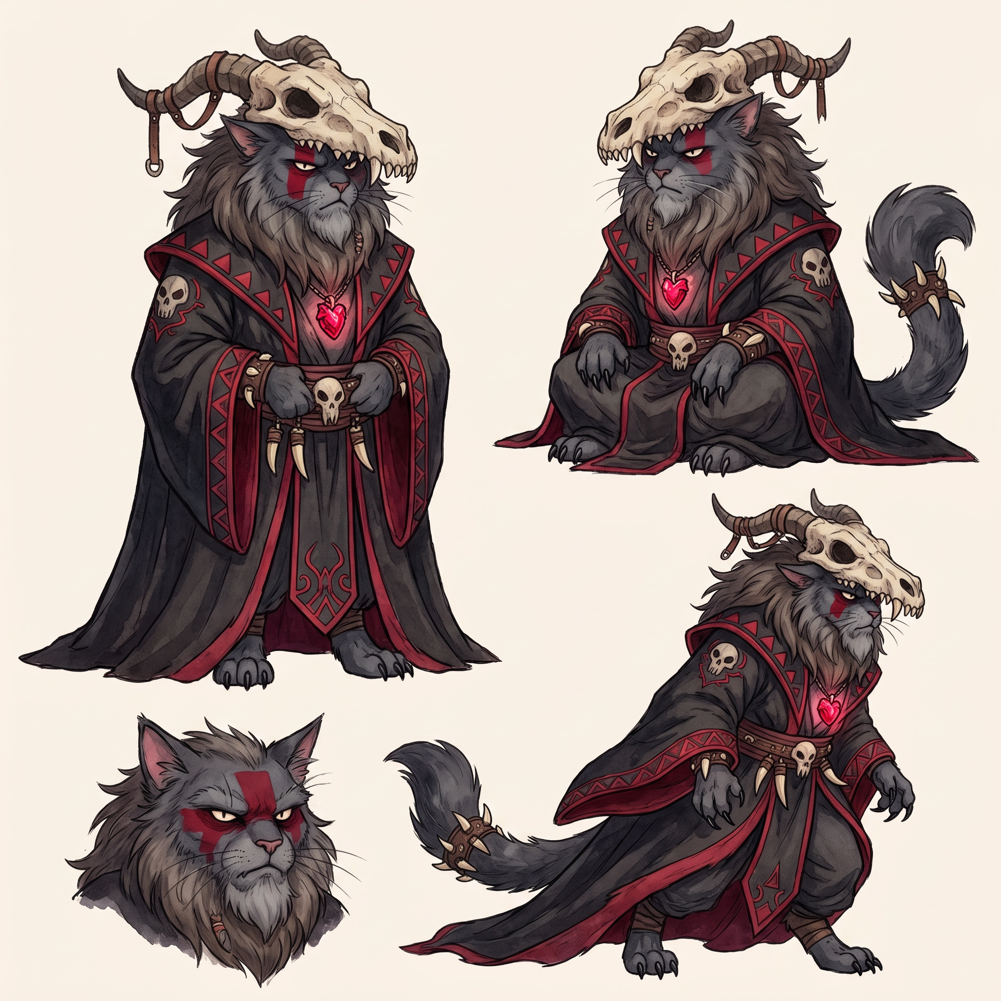 AI Design for Absolutely! Looking at Jasper's design, the art style has a very clear identity:
Thick, confident line art.
Soft watercolor-like coloring with minimal shading.
Round, expressive dot eyes.
Small nose and gentle smile.
Big, fluffy proportions.
Medieval clothing with simple, readable shapes.
Nothing is overly realistic or overly detailed.
Deathclaw should follow exactly the same artistic rules, just with a much darker silhouette.
☠️ Deathclaw Dragonbane
Character Design (Embermane Art Style)
Overall Shape
Unlike Jasper's round, welcoming silhouette, Deathclaw's silhouette is tall and triangular.
Imagine him standing almost completely hidden beneath a gigantic robe.
The robe should make him look almost like a mountain.
Only his face, paws and tail are really visible.
He should look intimidating...
...without becoming frightening enough to stop feeling like he belongs in a family fantasy.
Face
He's an elderly tomcat.
Fur:
Very dark charcoal gray.
Nearly black.
His muzzle is slightly lighter gray.
His beard is enormous.
Think of an old lion's mane mixed with a wizard's beard.
The mane is shaggy and angular instead of fluffy.
It spreads across his shoulders.
His eyebrows are thick and point downward.
His eyes are still the same little oval/dot eyes as Jasper...
...but much smaller beneath his eyebrows.
That makes him look constantly serious.
Facial Marking
Instead of natural tiger stripes...
Deathclaw paints himself.
A thick crimson rectangle runs across both cheeks and over the bridge of his nose.
It has sharp square edges.
It instantly separates him from every other cat.
Hat
Probably the most recognizable part.
A dragon skull
Very wide.
Very tall.
It droops slightly with age.
Wrapped around it are:
Dragon horns.
Leather straps.
Bones.
The front of the hat is shaped like the upper half of a dragon skull.
The lower jaw hangs around his neck as a necklace.
Robes
Massive.
Black.
Flowing almost to the ground.
Inside lining:
Deep crimson red.
Around the edges:
Dark gray trim.
Across the robe:
Painted red triangles.
Ancient symbols.
Little skull motifs embroidered into the fabric.
Not realistic skulls.
Stylized fantasy symbols.
Pendant
Around his neck hangs the most important object.
The Dragon Heart.
A glowing ruby-red crystal.
Held inside an old bronze pendant.
This should always be visible.
Even if the robe covers everything else.
Dragon Decorations
Instead of wearing jewelry...
He wears trophies.
Dragon teeth:
On the cuffs.
Around the collar.
Hanging from his belt.
Small dragon scales stitched into parts of the robe.
Nothing excessive.
Just enough that viewers immediately think:
"Everything about this guy revolves around dragons."
Hands
Unlike Jasper's little soft paws...
Deathclaw's paws have long black claws.
Still stylized.
Still cute enough for the art style.
But noticeably sharper.
Tail
Long.
Dark.
Heavy.
It pokes out from under the robe.
Near the tip are small leather bands with a few dragon teeth tied onto them.
Colors
Primary:
⚫ Black
Secondary:
🔴 Crimson Red
Accent:
⚪ Bone White
Small details:
🩶 Dark Gray
Pendant:
❤️ Bright glowing red
Personality Through Pose
Jasper stands openly.
Deathclaw almost never does.
He usually stands with:
Hands hidden inside his sleeves.
Head slightly lowered.
Looking down at others.
His robe moves before he does.
When he walks...
The robe glides.
Almost silently.
Expression
He almost never smiles.
When he finally does...
It's a tiny grin.
The kind that makes everyone realize:
He already knows something no one else does.
The Final Impression
If Jasper makes readers think:
"I want to go on an adventure with him."
Deathclaw should make them think:
"This is someone who has lived for centuries... and every piece of his clothing tells a story."
Most importantly, even though he's the villain, his proportions, line work, and facial style should match Jasper's exactly. That way, he feels like he belongs in the same world rather than looking like he wandered in from a darker fantasy series. japser is the cat in the prompt bar replicate the art style