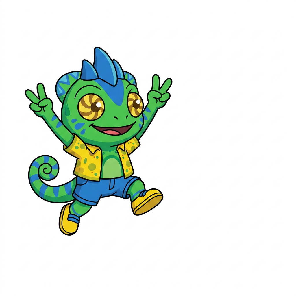 AI Design for use the provided reference image as the exact character design. Do not redesign or modify Tiny in any way. Keep all colors, proportions, markings, clothing, crest, horns, face, tail, and details exactly the same as the reference. Only change the pose. Tiny is shown in a dynamic mid-air jump on a pure white background. He is smiling happily and looking directly at the viewer. Both arms are raised upward in an excited, celebratory pose, with his legs bent naturally as if he has just jumped. Leave empty space on one side of the image for another character to stand beside him. Tiny should be positioned so that when another character is placed next to him, both characters appear to be jumping together with their raised arms forming a balanced composition. Use a clean, modern mascot illustration style with bold black outlines, flat vibrant colors, minimal shading, and smooth vector-style shapes. No text, no props, no shadows, no background elements, and no additional characters. The reference image is authoritative—only the pose should change. LISTEN BASIC COLOURS SIMPLE SHADING MINIMAL NOT MUCH AND BOLD BLACK LINES MAKE HIM SMALL CHUBBY AND LOOK TO HIS LEFT (MY RIGHT) THANK YOUUUU