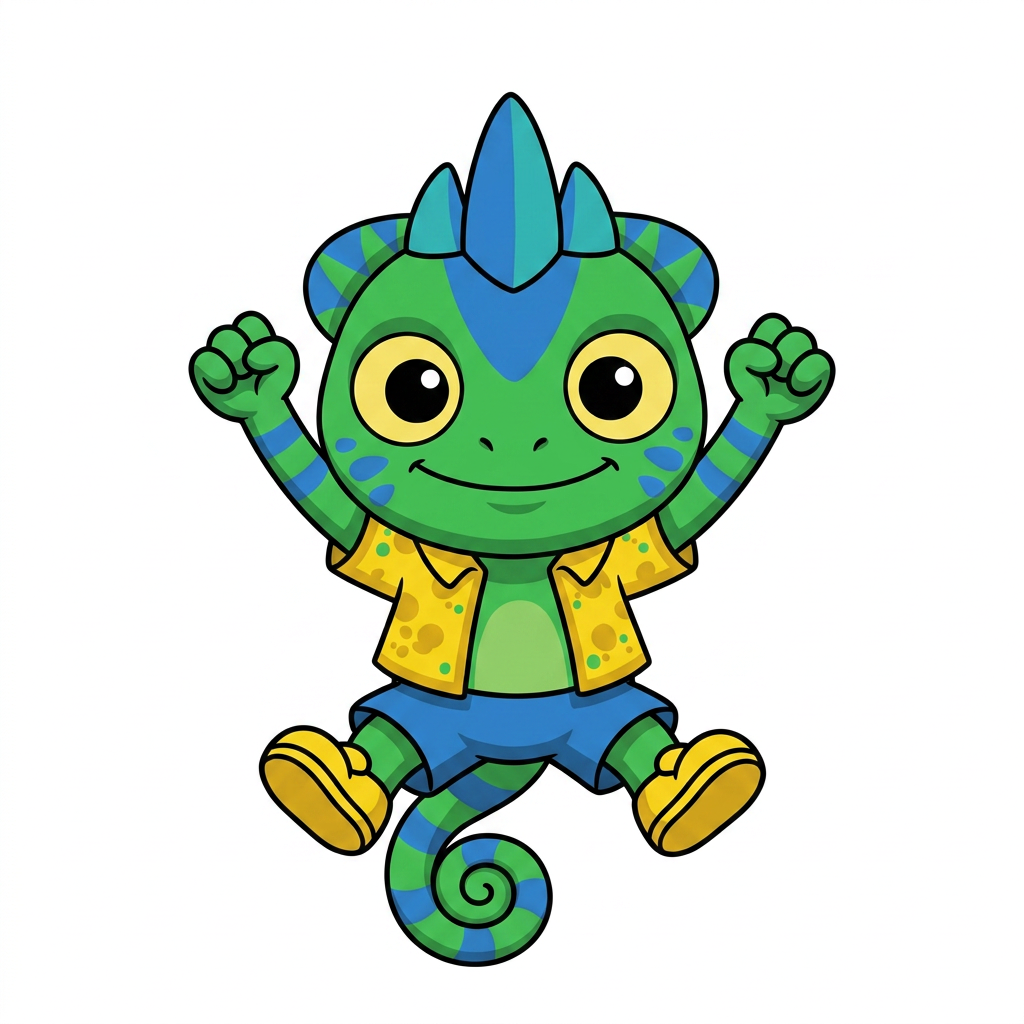 AI Design for FIX THE CHARACTHER DESIGN IN THE DRAWONG STYLE AND POSE THANK YOU SO MUCH SO SIMPLE COLOURS MINIMAL SHADING AND BOLD BLACK LINES FIX HIS EYES AND MAKE HIM HAVE STUBBY SHORT ARMS AND LEGS AND ONLY CHANGE THE EYES AND PROPORTIONS NO COLOURS SHOULD BE CHANGHED ALL INCLUDED