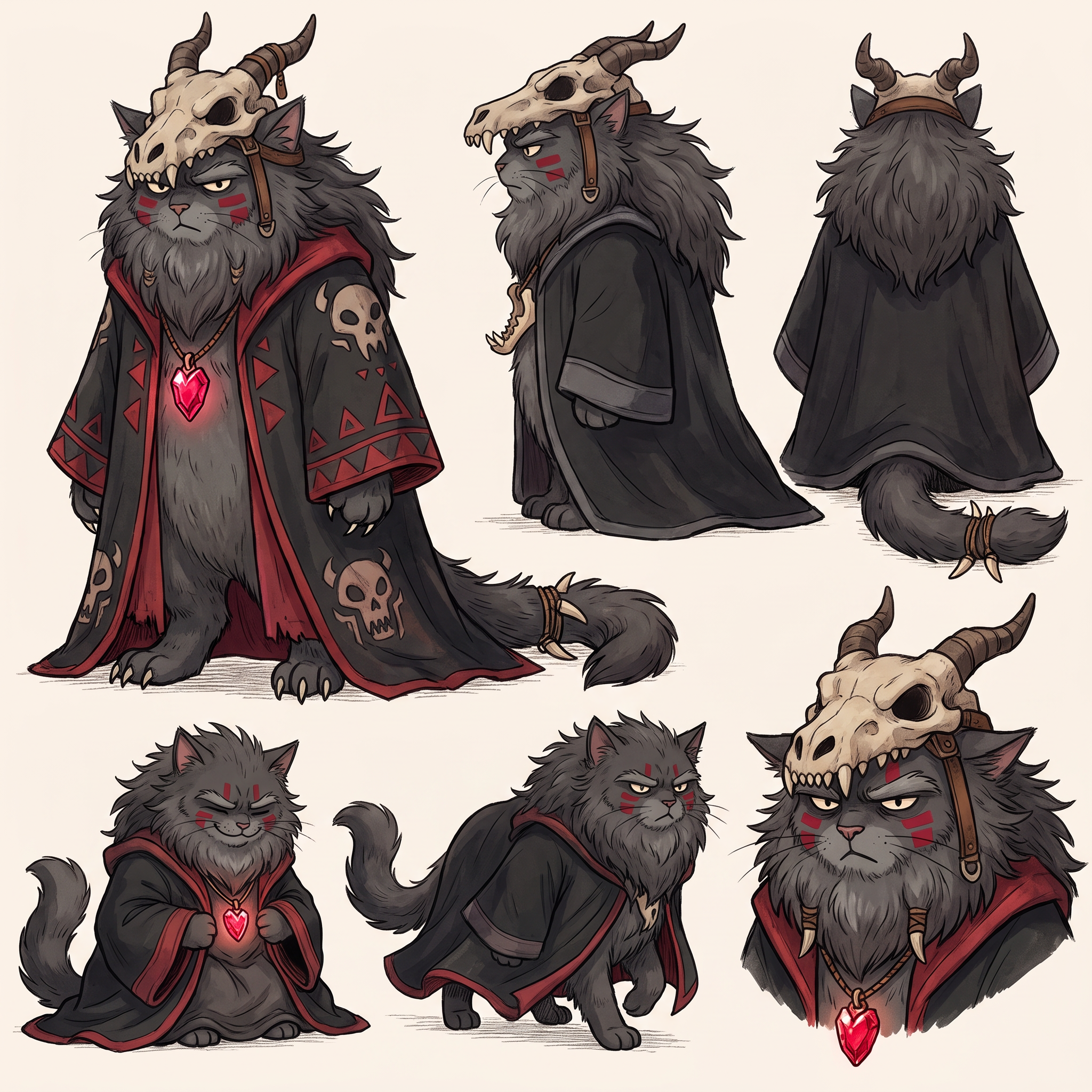 AI Design for Absolutely! Looking at Jasper's design, the art style has a very clear identity:
Thick, confident line art.
Soft watercolor-like coloring with minimal shading.
Round, expressive dot eyes.
Small nose and gentle smile.
Big, fluffy proportions.
Medieval clothing with simple, readable shapes.
Nothing is overly realistic or overly detailed.
Deathclaw should follow exactly the same artistic rules, just with a much darker silhouette.
☠️ Deathclaw Dragonbane
Character Design (Embermane Art Style)
Overall Shape
Unlike Jasper's round, welcoming silhouette, Deathclaw's silhouette is tall and triangular.
Imagine him standing almost completely hidden beneath a gigantic robe.
The robe should make him look almost like a mountain.
Only his face, paws and tail are really visible.
He should look intimidating...
...without becoming frightening enough to stop feeling like he belongs in a family fantasy.
Face
He's an elderly tomcat.
Fur:
Very dark charcoal gray.
Nearly black.
His muzzle is slightly lighter gray.
His beard is enormous.
Think of an old lion's mane mixed with a wizard's beard.
The mane is shaggy and angular instead of fluffy.
It spreads across his shoulders.
His eyebrows are thick and point downward.
His eyes are still the same little oval/dot eyes as Jasper...
...but much smaller beneath his eyebrows.
That makes him look constantly serious.
Facial Marking
Instead of natural tiger stripes...
Deathclaw paints himself.
A thick crimson rectangle runs across both cheeks and over the bridge of his nose.
It has sharp square edges.
It instantly separates him from every other cat.
Hat
Probably the most recognizable part.
A dragon skull
Very wide.
Very tall.
It droops slightly with age.
Wrapped around it are:
Dragon horns.
Leather straps.
Bones.
The front of the hat is shaped like the upper half of a dragon skull.
The lower jaw hangs around his neck as a necklace.
Robes
Massive.
Black.
Flowing almost to the ground.
Inside lining:
Deep crimson red.
Around the edges:
Dark gray trim.
Across the robe:
Painted red triangles.
Ancient symbols.
Little skull motifs embroidered into the fabric.
Not realistic skulls.
Stylized fantasy symbols.
Pendant
Around his neck hangs the most important object.
The Dragon Heart.
A glowing ruby-red crystal.
Held inside an old bronze pendant.
This should always be visible.
Even if the robe covers everything else.
Dragon Decorations
Instead of wearing jewelry...
He wears trophies.
Dragon teeth:
On the cuffs.
Around the collar.
Hanging from his belt.
Small dragon scales stitched into parts of the robe.
Nothing excessive.
Just enough that viewers immediately think:
"Everything about this guy revolves around dragons."
Hands
Unlike Jasper's little soft paws...
Deathclaw's paws have long black claws.
Still stylized.
Still cute enough for the art style.
But noticeably sharper.
Tail
Long.
Dark.
Heavy.
It pokes out from under the robe.
Near the tip are small leather bands with a few dragon teeth tied onto them.
Colors
Primary:
⚫ Black
Secondary:
🔴 Crimson Red
Accent:
⚪ Bone White
Small details:
🩶 Dark Gray
Pendant:
❤️ Bright glowing red
Personality Through Pose
Jasper stands openly.
Deathclaw almost never does.
He usually stands with:
Hands hidden inside his sleeves.
Head slightly lowered.
Looking down at others.
His robe moves before he does.
When he walks...
The robe glides.
Almost silently.
Expression
He almost never smiles.
When he finally does...
It's a tiny grin.
The kind that makes everyone realize:
He already knows something no one else does.
The Final Impression
If Jasper makes readers think:
"I want to go on an adventure with him."
Deathclaw should make them think:
"This is someone who has lived for centuries... and every piece of his clothing tells a story."
Most importantly, even though he's the villain, his proportions, line work, and facial style should match Jasper's exactly. That way, he feels like he belongs in the same world rather than looking like he wandered in from a darker fantasy series. japser is the cat in the prompt bar replicate the art style