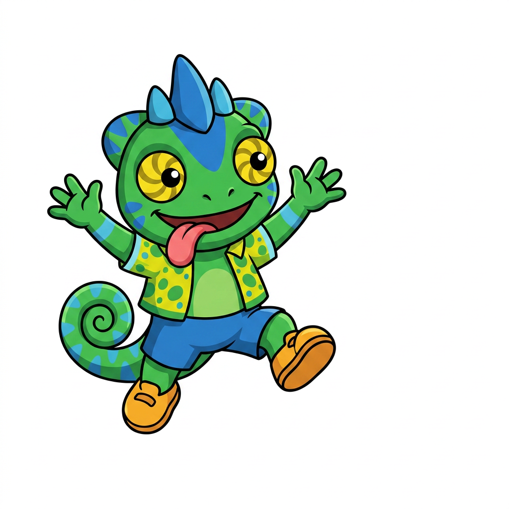 AI Design for use the provided reference image as the exact character design. Do not redesign or modify Tiny in any way. Keep all colors, proportions, markings, clothing, crest, horns, face, tail, and details exactly the same as the reference. Only change the pose. Tiny is shown in a dynamic mid-air jump on a pure white background. He is smiling happily and looking directly at the viewer. Both arms are raised upward in an excited, celebratory pose, with his legs bent naturally as if he has just jumped. Leave empty space on one side of the image for another character to stand beside him. Tiny should be positioned so that when another character is placed next to him, both characters appear to be jumping together with their raised arms forming a balanced composition. Use a clean, modern mascot illustration style with bold black outlines, flat vibrant colors, minimal shading, and smooth vector-style shapes. No text, no props, no shadows, no background elements, and no additional characters. The reference image is authoritative—only the pose should change. LISTEN BASIC COLOURS SIMPLE SHADING MINIMAL NOT MUCH AND BOLD BLACK LINES MAKE HIM SMALL CHUBBY AND LOOK TO HIS LEFT (MY RIGHT) THANK YOUUUU DO NOT INCLUDE ORANGE LIZARD JUST USE HIM AS ART STYLE INSPIRATION AND MAKE HIM LOOK A LITTLE BIT LIKE HIM