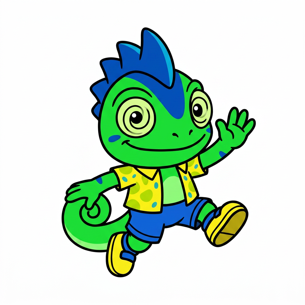 AI Design for make backgorund white make this smal chameleon character face the right while ujmping facing the viewer and has minimal shading simple vbirant colors bold black lines and do not mess up the design even a bit