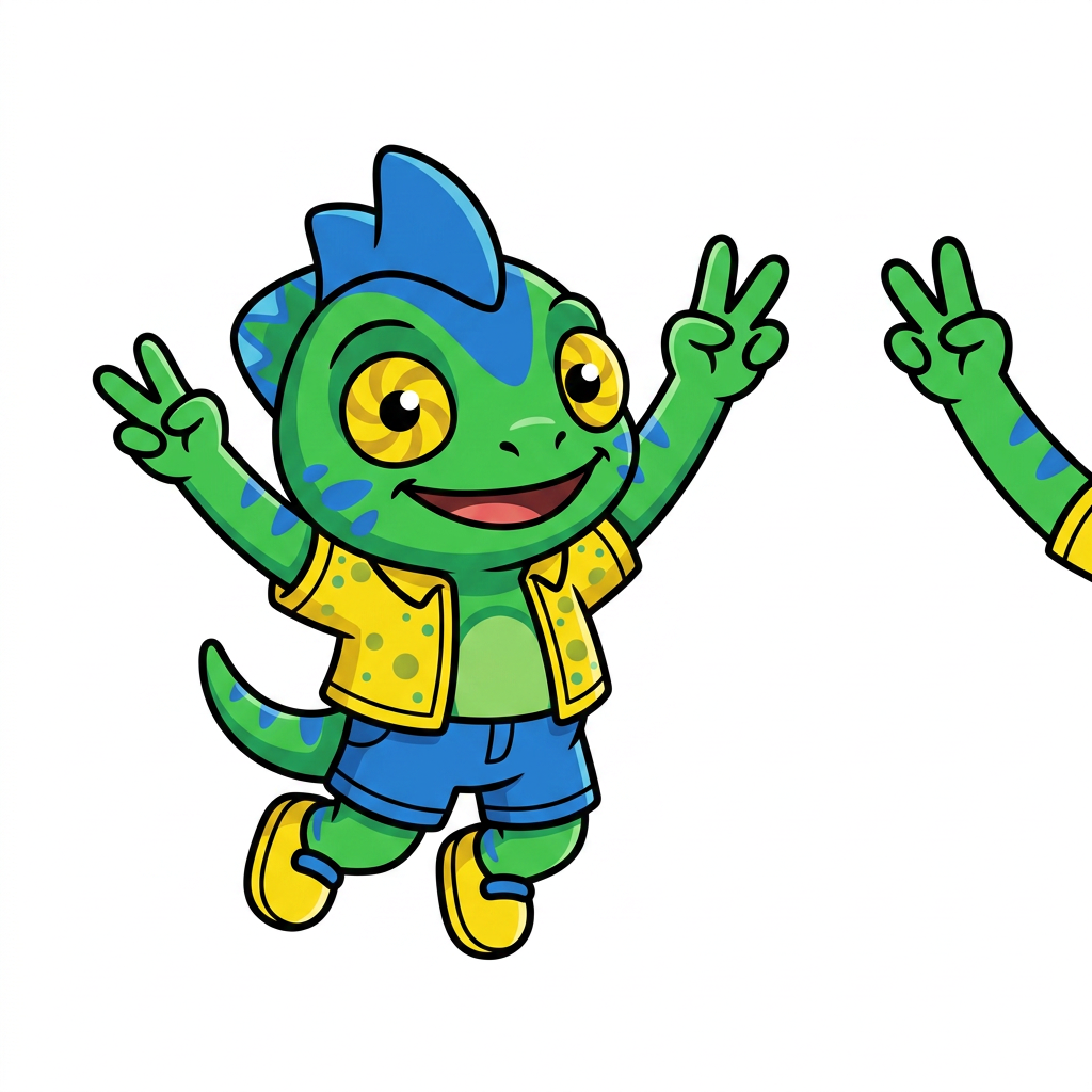 AI Design for use the provided reference image as the exact character design. Do not redesign or modify Tiny in any way. Keep all colors, proportions, markings, clothing, crest, horns, face, tail, and details exactly the same as the reference. Only change the pose. Tiny is shown in a dynamic mid-air jump on a pure white background. He is smiling happily and looking directly at the viewer. Both arms are raised upward in an excited, celebratory pose, with his legs bent naturally as if he has just jumped. Leave empty space on one side of the image for another character to stand beside him. Tiny should be positioned so that when another character is placed next to him, both characters appear to be jumping together with their raised arms forming a balanced composition. Use a clean, modern mascot illustration style with bold black outlines, flat vibrant colors, minimal shading, and smooth vector-style shapes. No text, no props, no shadows, no background elements, and no additional characters. The reference image is authoritative—only the pose should change. LISTEN BASIC COLOURS SIMPLE SHADING MINIMAL NOT MUCH AND BOLD BLACK LINES MAKE HIM SMALL CHUBBY AND LOOK TO HIS LEFT (MY RIGHT) THANK YOUUUU
