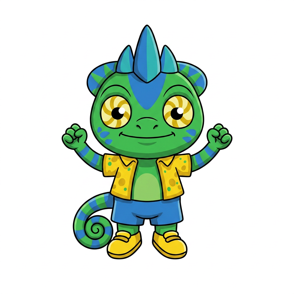 AI Design for FIX THE CHARACTHER DESIGN IN THE DRAWONG STYLE AND POSE THANK YOU SO MUCH SO SIMPLE COLOURS MINIMAL SHADING AND BOLD BLACK LINES FIX HIS EYES AND MAKE HIM HAVE STUBBY SHORT ARMS AND LEGS