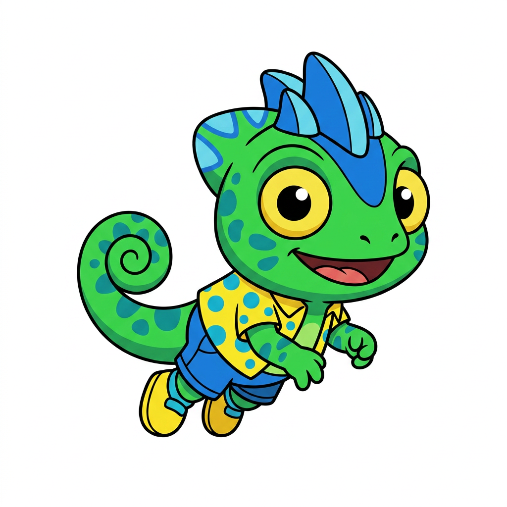 AI Design for make backgorund white make this smal chameleon character face the right while ujmping facing the viewer and has minimal shading simple vbirant colors bold black lines and do not mess up the design even a bit