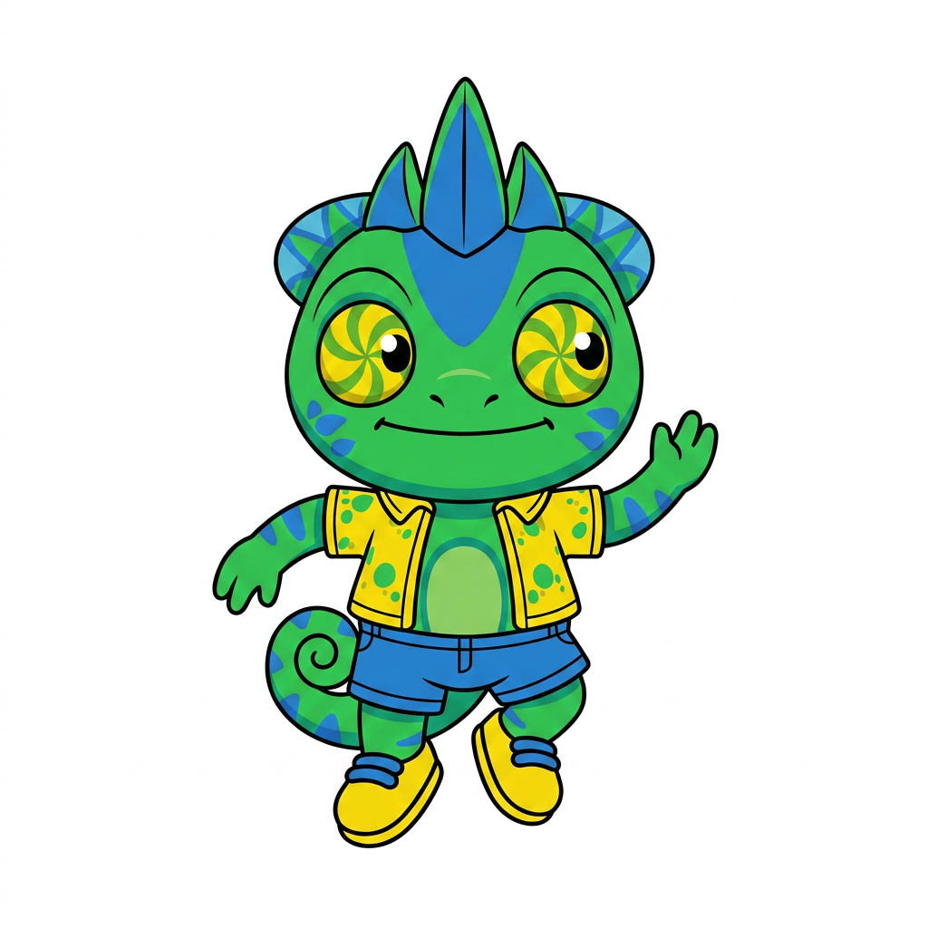 AI Design for make backgorund white make this smal chameleon character face the right while ujmping facing the viewer and has minimal shading simple vbirant colors bold black lines and do not mess up the design even a bit