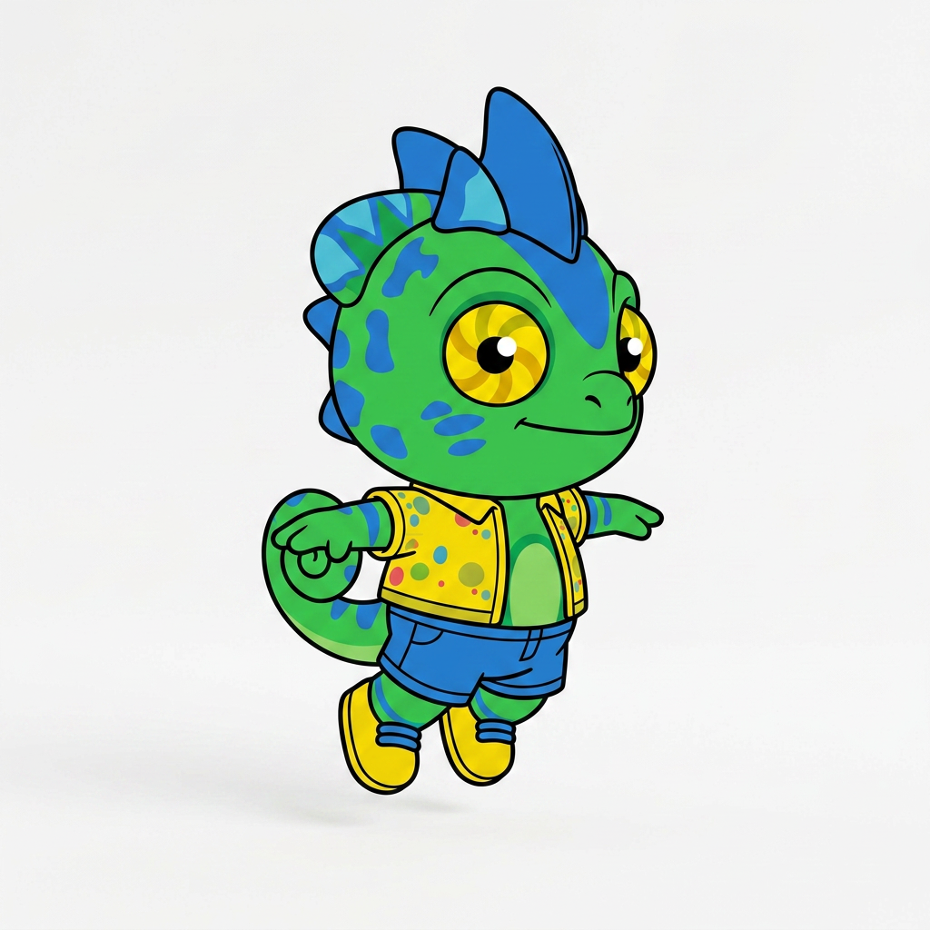 AI Design for make backgorund white make this smal chameleon character face the right while ujmping facing the viewer and has minimal shading simple vbirant colors bold black lines and do not mess up the design even a bit