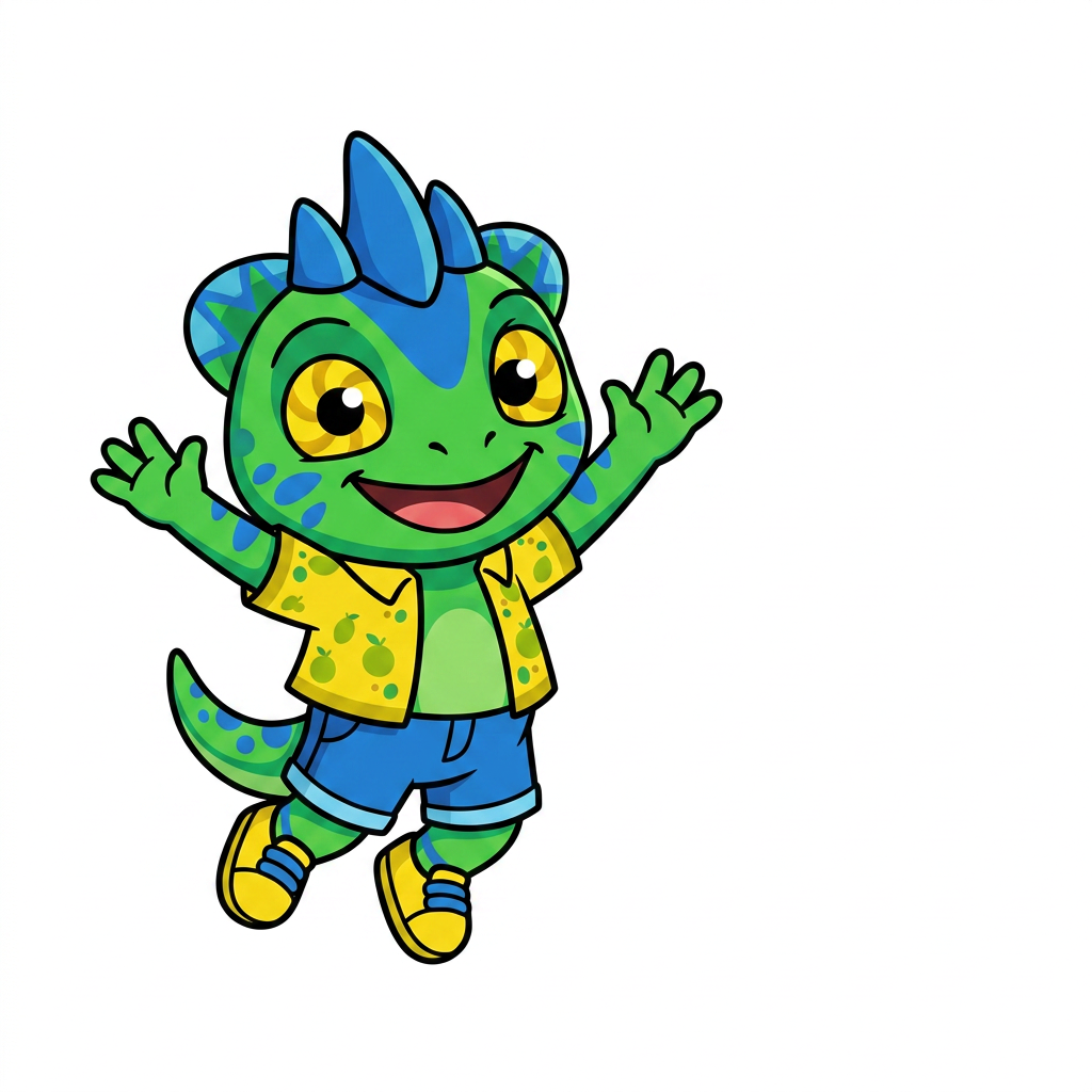 AI Design for use the provided reference image as the exact character design. Do not redesign or modify Tiny in any way. Keep all colors, proportions, markings, clothing, crest, horns, face, tail, and details exactly the same as the reference. Only change the pose. Tiny is shown in a dynamic mid-air jump on a pure white background. He is smiling happily and looking directly at the viewer. Both arms are raised upward in an excited, celebratory pose, with his legs bent naturally as if he has just jumped. Leave empty space on one side of the image for another character to stand beside him. Tiny should be positioned so that when another character is placed next to him, both characters appear to be jumping together with their raised arms forming a balanced composition. Use a clean, modern mascot illustration style with bold black outlines, flat vibrant colors, minimal shading, and smooth vector-style shapes. No text, no props, no shadows, no background elements, and no additional characters. The reference image is authoritative—only the pose should change.