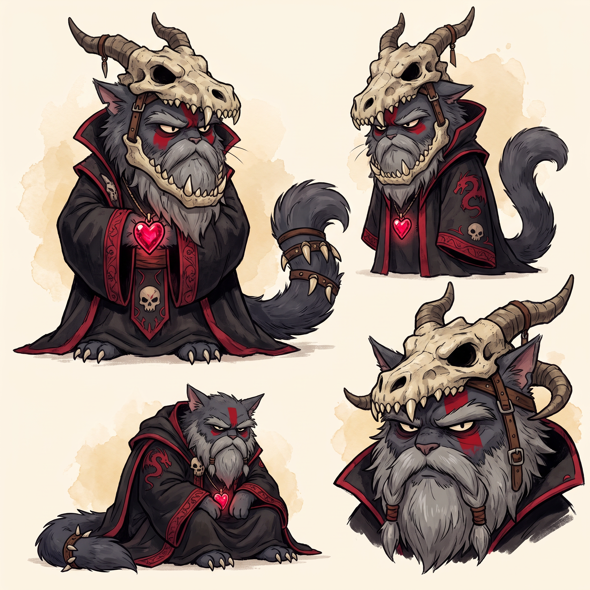 AI Design for Absolutely! Looking at Jasper's design, the art style has a very clear identity:
Thick, confident line art.
Soft watercolor-like coloring with minimal shading.
Round, expressive dot eyes.
Small nose and gentle smile.
Big, fluffy proportions.
Medieval clothing with simple, readable shapes.
Nothing is overly realistic or overly detailed.
Deathclaw should follow exactly the same artistic rules, just with a much darker silhouette.
☠️ Deathclaw Dragonbane
Character Design (Embermane Art Style)
Overall Shape
Unlike Jasper's round, welcoming silhouette, Deathclaw's silhouette is tall and triangular.
Imagine him standing almost completely hidden beneath a gigantic robe.
The robe should make him look almost like a mountain.
Only his face, paws and tail are really visible.
He should look intimidating...
...without becoming frightening enough to stop feeling like he belongs in a family fantasy.
Face
He's an elderly tomcat.
Fur:
Very dark charcoal gray.
Nearly black.
His muzzle is slightly lighter gray.
His beard is enormous.
Think of an old lion's mane mixed with a wizard's beard.
The mane is shaggy and angular instead of fluffy.
It spreads across his shoulders.
His eyebrows are thick and point downward.
His eyes are still the same little oval/dot eyes as Jasper...
...but much smaller beneath his eyebrows.
That makes him look constantly serious.
Facial Marking
Instead of natural tiger stripes...
Deathclaw paints himself.
A thick crimson rectangle runs across both cheeks and over the bridge of his nose.
It has sharp square edges.
It instantly separates him from every other cat.
Hat
Probably the most recognizable part.
A dragon skull
Very wide.
Very tall.
It droops slightly with age.
Wrapped around it are:
Dragon horns.
Leather straps.
Bones.
The front of the hat is shaped like the upper half of a dragon skull.
The lower jaw hangs around his neck as a necklace.
Robes
Massive.
Black.
Flowing almost to the ground.
Inside lining:
Deep crimson red.
Around the edges:
Dark gray trim.
Across the robe:
Painted red triangles.
Ancient symbols.
Little skull motifs embroidered into the fabric.
Not realistic skulls.
Stylized fantasy symbols.
Pendant
Around his neck hangs the most important object.
The Dragon Heart.
A glowing ruby-red crystal.
Held inside an old bronze pendant.
This should always be visible.
Even if the robe covers everything else.
Dragon Decorations
Instead of wearing jewelry...
He wears trophies.
Dragon teeth:
On the cuffs.
Around the collar.
Hanging from his belt.
Small dragon scales stitched into parts of the robe.
Nothing excessive.
Just enough that viewers immediately think:
"Everything about this guy revolves around dragons."
Hands
Unlike Jasper's little soft paws...
Deathclaw's paws have long black claws.
Still stylized.
Still cute enough for the art style.
But noticeably sharper.
Tail
Long.
Dark.
Heavy.
It pokes out from under the robe.
Near the tip are small leather bands with a few dragon teeth tied onto them.
Colors
Primary:
⚫ Black
Secondary:
🔴 Crimson Red
Accent:
⚪ Bone White
Small details:
🩶 Dark Gray
Pendant:
❤️ Bright glowing red
Personality Through Pose
Jasper stands openly.
Deathclaw almost never does.
He usually stands with:
Hands hidden inside his sleeves.
Head slightly lowered.
Looking down at others.
His robe moves before he does.
When he walks...
The robe glides.
Almost silently.
Expression
He almost never smiles.
When he finally does...
It's a tiny grin.
The kind that makes everyone realize:
He already knows something no one else does.
The Final Impression
If Jasper makes readers think:
"I want to go on an adventure with him."
Deathclaw should make them think:
"This is someone who has lived for centuries... and every piece of his clothing tells a story."
Most importantly, even though he's the villain, his proportions, line work, and facial style should match Jasper's exactly. That way, he feels like he belongs in the same world rather than looking like he wandered in from a darker fantasy series. japser is the cat in the prompt bar replicate the art style