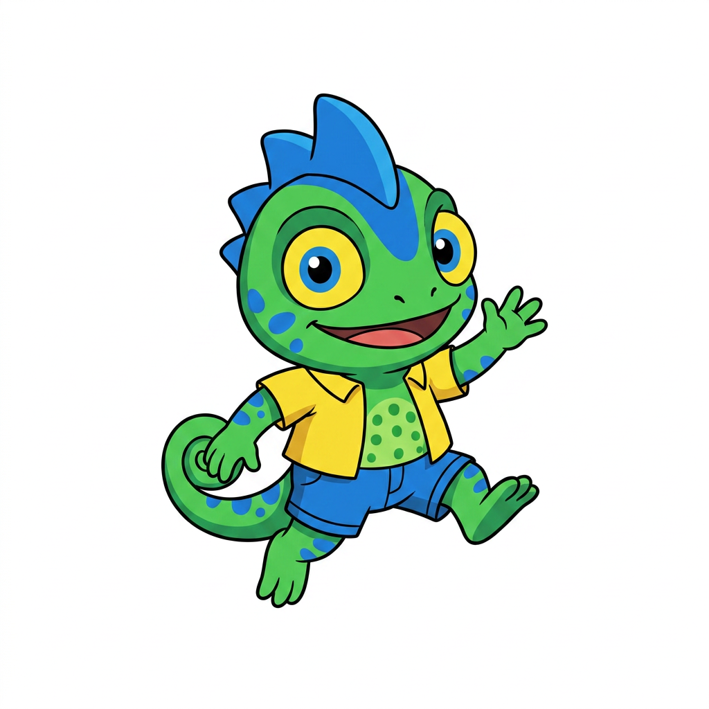 AI Design for make backgorund white make this smal chameleon character face the right while ujmping facing the viewer and has minimal shading simple vbirant colors bold black lines and do not mess up the design even a bit