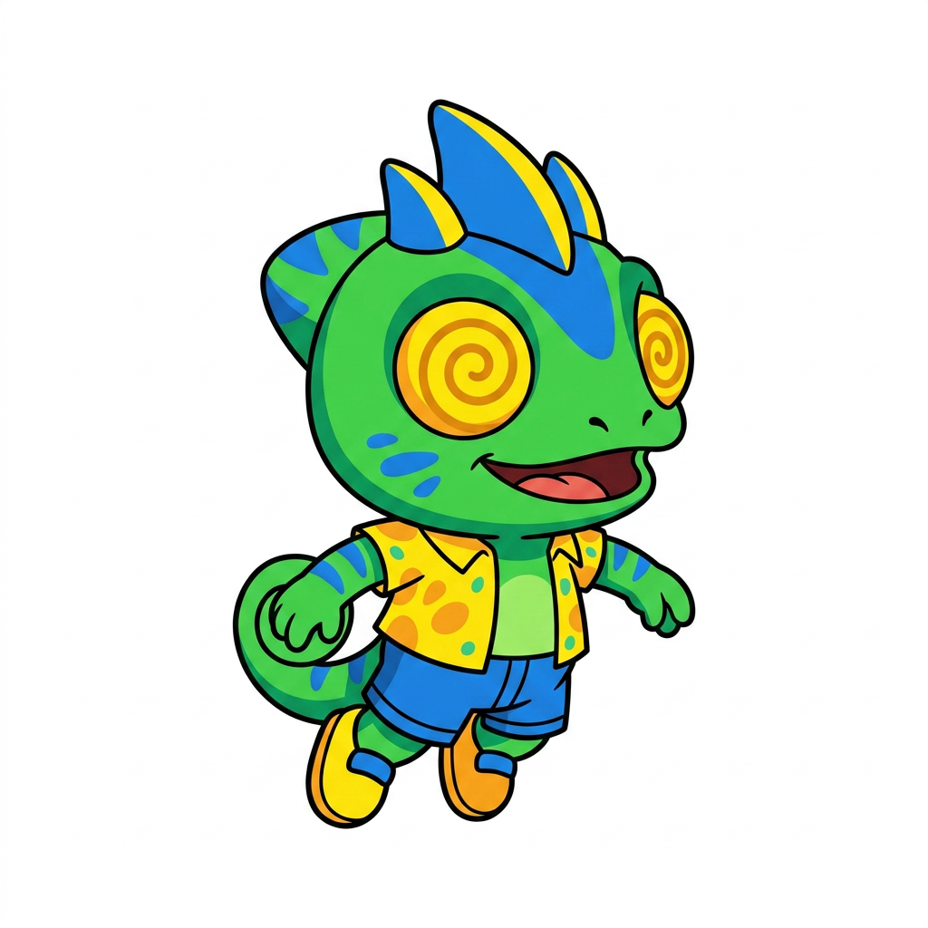 AI Design for make backgorund white make this smal chameleon character face the right while ujmping facing the viewer and has minimal shading simple vbirant colors bold black lines and do not mess up the design even a bit