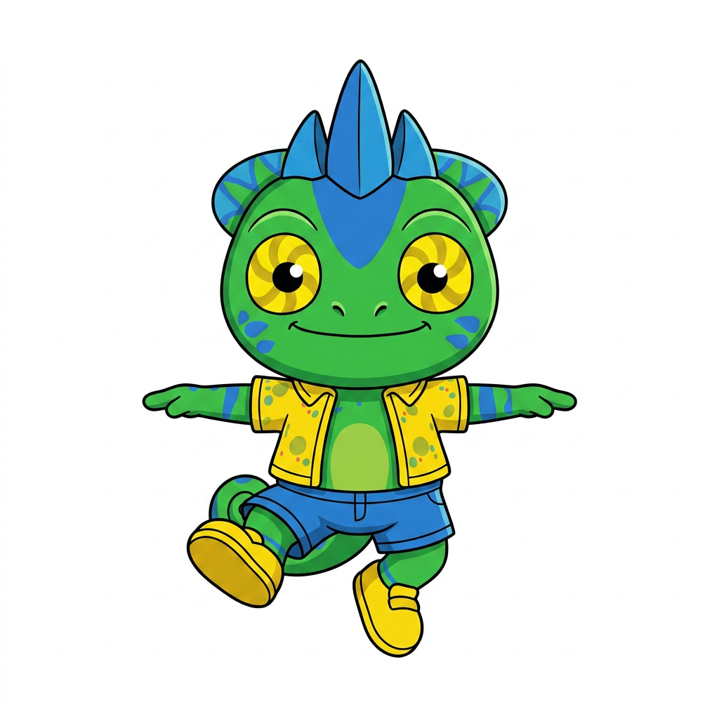 AI Design for make backgorund white make this smal chameleon character face the right while ujmping facing the viewer and has minimal shading simple vbirant colors bold black lines and do not mess up the design even a bitbut not to the side but looking or leanining to that part ever so slightrly so he can fit next to his brother but dont iclude him on the image or the background