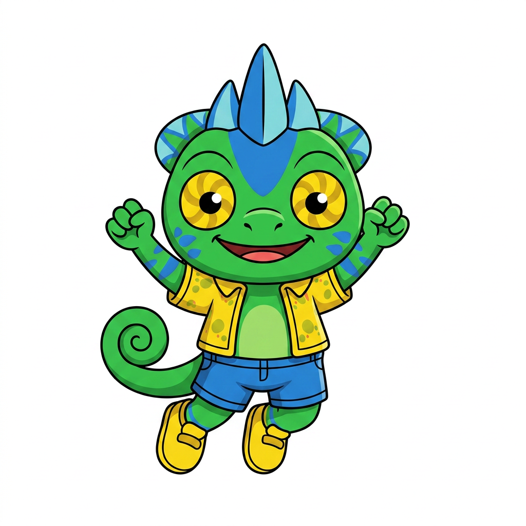 AI Design for use the provided reference image as the exact character design. Do not redesign or modify Tiny in any way. Keep all colors, proportions, markings, clothing, crest, horns, face, tail, and details exactly the same as the reference. Only change the pose. Tiny is shown in a dynamic mid-air jump on a pure white background. He is smiling happily and looking directly at the viewer. Both arms are raised upward in an excited, celebratory pose, with his legs bent naturally as if he has just jumped. Leave empty space on one side of the image for another character to stand beside him. Tiny should be positioned so that when another character is placed next to him, both characters appear to be jumping together with their raised arms forming a balanced composition. Use a clean, modern mascot illustration style with bold black outlines, flat vibrant colors, minimal shading, and smooth vector-style shapes. No text, no props, no shadows, no background elements, and no additional characters. The reference image is authoritative—only the pose should change. LISTEN BASIC COLOURS SIMPLE SHADING MINIMAL NOT MUCH AND BOLD BLACK LINES MAKE HIM SMALL CHUBBY AND LOOK TO HIS LEFT (MY RIGHT) THANK YOUUUU DO NOT INCLUDE ORANGE LIZARD JUST USE HIM AS ART STYLE INSPIRATION AND MAKE HIM LOOK A LITTLE BIT LIKE HIM