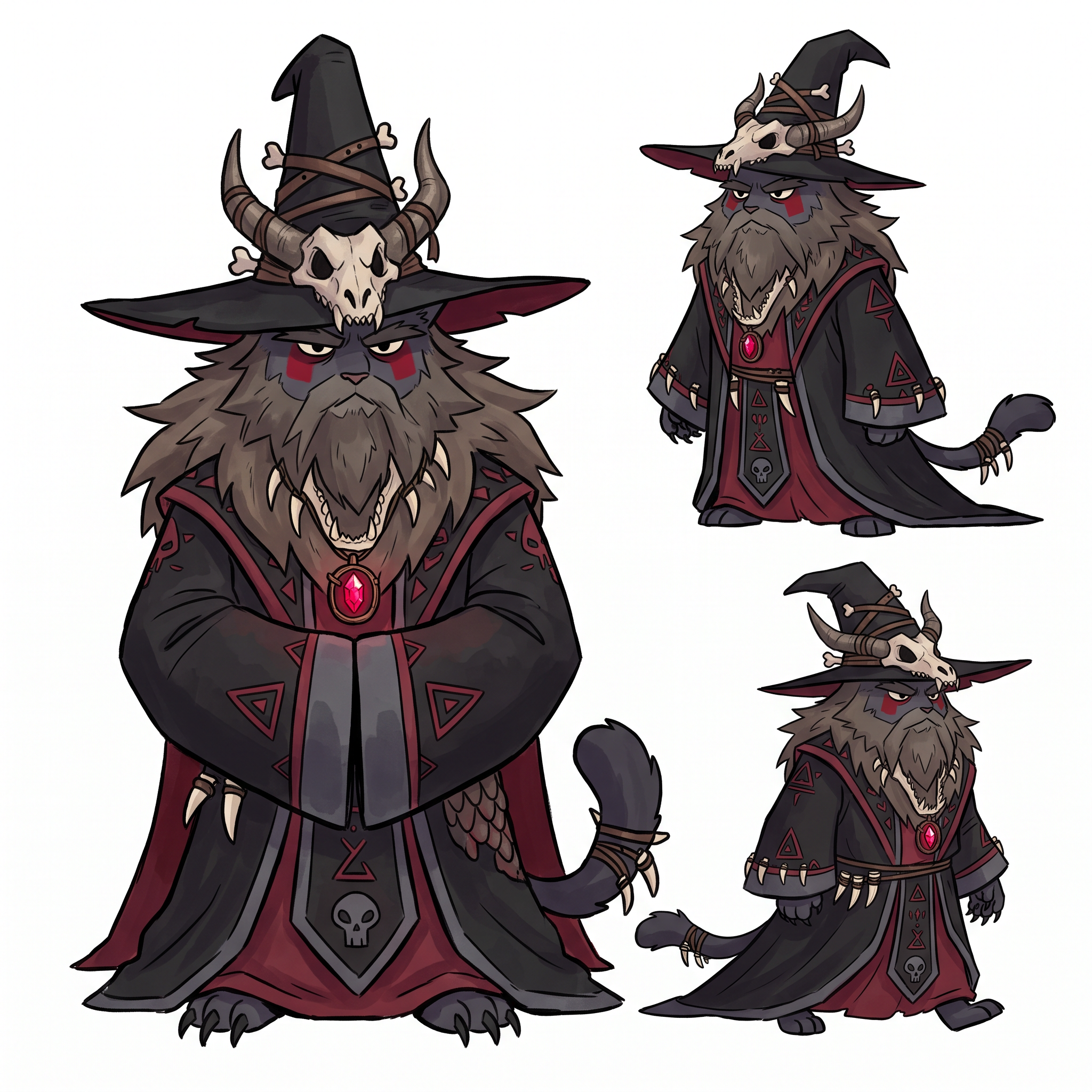 AI Design for Absolutely! Looking at Jasper's design, the art style has a very clear identity:
Thick, confident line art.
Soft watercolor-like coloring with minimal shading.
Round, expressive dot eyes.
Small nose and gentle smile.
Big, fluffy proportions.
Medieval clothing with simple, readable shapes.
Nothing is overly realistic or overly detailed.
Deathclaw should follow exactly the same artistic rules, just with a much darker silhouette.
☠️ Deathclaw Dragonbane
Character Design (Embermane Art Style)
Overall Shape
Unlike Jasper's round, welcoming silhouette, Deathclaw's silhouette is tall and triangular.
Imagine him standing almost completely hidden beneath a gigantic robe.
The robe should make him look almost like a mountain.
Only his face, paws and tail are really visible.
He should look intimidating...
...without becoming frightening enough to stop feeling like he belongs in a family fantasy.
Face
He's an elderly tomcat.
Fur:
Very dark charcoal gray.
Nearly black.
His muzzle is slightly lighter gray.
His beard is enormous.
Think of an old lion's mane mixed with a wizard's beard.
The mane is shaggy and angular instead of fluffy.
It spreads across his shoulders.
His eyebrows are thick and point downward.
His eyes are still the same little oval/dot eyes as Jasper...
...but much smaller beneath his eyebrows.
That makes him look constantly serious.
Facial Marking
Instead of natural tiger stripes...
Deathclaw paints himself.
A thick crimson rectangle runs across both cheeks and over the bridge of his nose.
It has sharp square edges.
It instantly separates him from every other cat.
Hat
Probably the most recognizable part.
A gigantic black wizard hat.
Very wide.
Very tall.
It droops slightly with age.
Wrapped around it are:
Dragon horns.
Leather straps.
Bones.
The front of the hat is shaped like the upper half of a dragon skull.
The lower jaw hangs around his neck as a necklace.
Robes
Massive.
Black.
Flowing almost to the ground.
Inside lining:
Deep crimson red.
Around the edges:
Dark gray trim.
Across the robe:
Painted red triangles.
Ancient symbols.
Little skull motifs embroidered into the fabric.
Not realistic skulls.
Stylized fantasy symbols.
Pendant
Around his neck hangs the most important object.
The Dragon Heart.
A glowing ruby-red crystal.
Held inside an old bronze pendant.
This should always be visible.
Even if the robe covers everything else.
Dragon Decorations
Instead of wearing jewelry...
He wears trophies.
Dragon teeth:
On the cuffs.
Around the collar.
Hanging from his belt.
Small dragon scales stitched into parts of the robe.
Nothing excessive.
Just enough that viewers immediately think:
"Everything about this guy revolves around dragons."
Hands
Unlike Jasper's little soft paws...
Deathclaw's paws have long black claws.
Still stylized.
Still cute enough for the art style.
But noticeably sharper.
Tail
Long.
Dark.
Heavy.
It pokes out from under the robe.
Near the tip are small leather bands with a few dragon teeth tied onto them.
Colors
Primary:
⚫ Black
Secondary:
🔴 Crimson Red
Accent:
⚪ Bone White
Small details:
🩶 Dark Gray
Pendant:
❤️ Bright glowing red
Personality Through Pose
Jasper stands openly.
Deathclaw almost never does.
He usually stands with:
Hands hidden inside his sleeves.
Head slightly lowered.
Looking down at others.
His robe moves before he does.
When he walks...
The robe glides.
Almost silently.
Expression
He almost never smiles.
When he finally does...
It's a tiny grin.
The kind that makes everyone realize:
He already knows something no one else does.
The Final Impression
If Jasper makes readers think:
"I want to go on an adventure with him."
Deathclaw should make them think:
"This is someone who has lived for centuries... and every piece of his clothing tells a story."
Most importantly, even though he's the villain, his proportions, line work, and facial style should match Jasper's exactly. That way, he feels like he belongs in the same world rather than looking like he wandered in from a darker fantasy series.