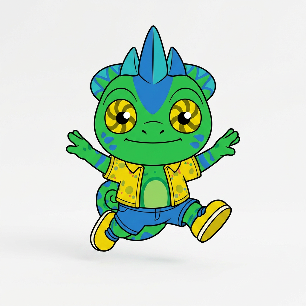 AI Design for make backgorund white make this smal chameleon character face the right while ujmping facing the viewer and has minimal shading simple vbirant colors bold black lines and do not mess up the design even a bit