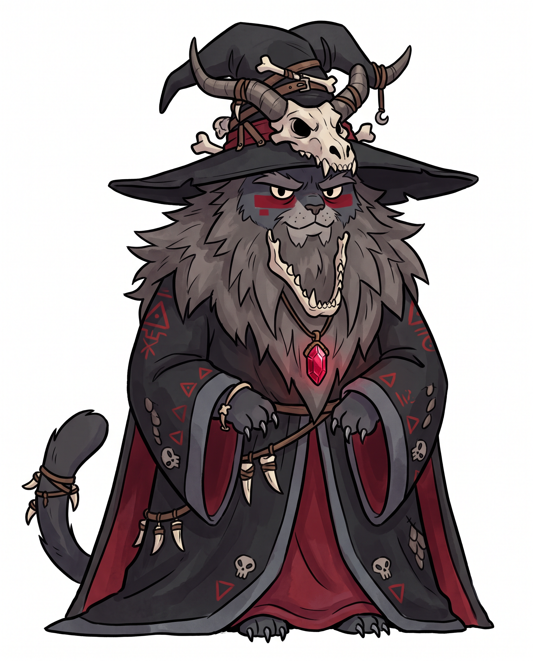AI Design for Absolutely! Looking at Jasper's design, the art style has a very clear identity:
Thick, confident line art.
Soft watercolor-like coloring with minimal shading.
Round, expressive dot eyes.
Small nose and gentle smile.
Big, fluffy proportions.
Medieval clothing with simple, readable shapes.
Nothing is overly realistic or overly detailed.
Deathclaw should follow exactly the same artistic rules, just with a much darker silhouette.
☠️ Deathclaw Dragonbane
Character Design (Embermane Art Style)
Overall Shape
Unlike Jasper's round, welcoming silhouette, Deathclaw's silhouette is tall and triangular.
Imagine him standing almost completely hidden beneath a gigantic robe.
The robe should make him look almost like a mountain.
Only his face, paws and tail are really visible.
He should look intimidating...
...without becoming frightening enough to stop feeling like he belongs in a family fantasy.
Face
He's an elderly tomcat.
Fur:
Very dark charcoal gray.
Nearly black.
His muzzle is slightly lighter gray.
His beard is enormous.
Think of an old lion's mane mixed with a wizard's beard.
The mane is shaggy and angular instead of fluffy.
It spreads across his shoulders.
His eyebrows are thick and point downward.
His eyes are still the same little oval/dot eyes as Jasper...
...but much smaller beneath his eyebrows.
That makes him look constantly serious.
Facial Marking
Instead of natural tiger stripes...
Deathclaw paints himself.
A thick crimson rectangle runs across both cheeks and over the bridge of his nose.
It has sharp square edges.
It instantly separates him from every other cat.
Hat
Probably the most recognizable part.
A gigantic black wizard hat.
Very wide.
Very tall.
It droops slightly with age.
Wrapped around it are:
Dragon horns.
Leather straps.
Bones.
The front of the hat is shaped like the upper half of a dragon skull.
The lower jaw hangs around his neck as a necklace.
Robes
Massive.
Black.
Flowing almost to the ground.
Inside lining:
Deep crimson red.
Around the edges:
Dark gray trim.
Across the robe:
Painted red triangles.
Ancient symbols.
Little skull motifs embroidered into the fabric.
Not realistic skulls.
Stylized fantasy symbols.
Pendant
Around his neck hangs the most important object.
The Dragon Heart.
A glowing ruby-red crystal.
Held inside an old bronze pendant.
This should always be visible.
Even if the robe covers everything else.
Dragon Decorations
Instead of wearing jewelry...
He wears trophies.
Dragon teeth:
On the cuffs.
Around the collar.
Hanging from his belt.
Small dragon scales stitched into parts of the robe.
Nothing excessive.
Just enough that viewers immediately think:
"Everything about this guy revolves around dragons."
Hands
Unlike Jasper's little soft paws...
Deathclaw's paws have long black claws.
Still stylized.
Still cute enough for the art style.
But noticeably sharper.
Tail
Long.
Dark.
Heavy.
It pokes out from under the robe.
Near the tip are small leather bands with a few dragon teeth tied onto them.
Colors
Primary:
⚫ Black
Secondary:
🔴 Crimson Red
Accent:
⚪ Bone White
Small details:
🩶 Dark Gray
Pendant:
❤️ Bright glowing red
Personality Through Pose
Jasper stands openly.
Deathclaw almost never does.
He usually stands with:
Hands hidden inside his sleeves.
Head slightly lowered.
Looking down at others.
His robe moves before he does.
When he walks...
The robe glides.
Almost silently.
Expression
He almost never smiles.
When he finally does...
It's a tiny grin.
The kind that makes everyone realize:
He already knows something no one else does.
The Final Impression
If Jasper makes readers think:
"I want to go on an adventure with him."
Deathclaw should make them think:
"This is someone who has lived for centuries... and every piece of his clothing tells a story."
Most importantly, even though he's the villain, his proportions, line work, and facial style should match Jasper's exactly. That way, he feels like he belongs in the same world rather than looking like he wandered in from a darker fantasy series.