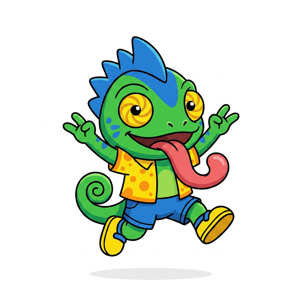 AI Design for make backgorund white make this smal chameleon character face the right while ujmping facing the viewer and has minimal shading simple vbirant colors bold black lines and do not mess up the design even a bitbut not to the side but looking or leanining to that part ever so slightrly so he can fit next to his brother but dont iclude him on the image or the background