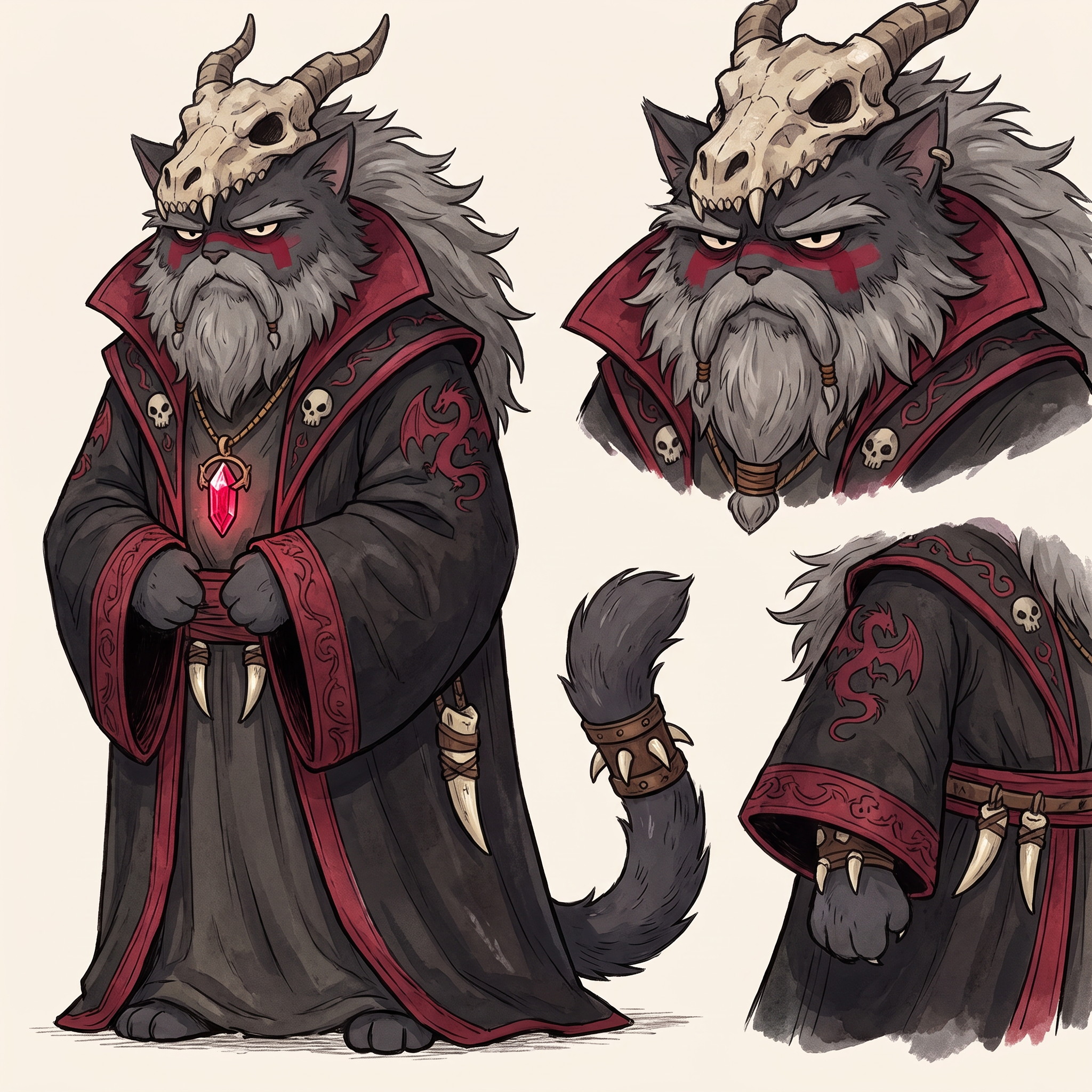 AI Design for Absolutely! Looking at Jasper's design, the art style has a very clear identity:
Thick, confident line art.
Soft watercolor-like coloring with minimal shading.
Round, expressive dot eyes.
Small nose and gentle smile.
Big, fluffy proportions.
Medieval clothing with simple, readable shapes.
Nothing is overly realistic or overly detailed.
Deathclaw should follow exactly the same artistic rules, just with a much darker silhouette.
☠️ Deathclaw Dragonbane
Character Design (Embermane Art Style)
Overall Shape
Unlike Jasper's round, welcoming silhouette, Deathclaw's silhouette is tall and triangular.
Imagine him standing almost completely hidden beneath a gigantic robe.
The robe should make him look almost like a mountain.
Only his face, paws and tail are really visible.
He should look intimidating...
...without becoming frightening enough to stop feeling like he belongs in a family fantasy.
Face
He's an elderly tomcat.
Fur:
Very dark charcoal gray.
Nearly black.
His muzzle is slightly lighter gray.
His beard is enormous.
Think of an old lion's mane mixed with a wizard's beard.
The mane is shaggy and angular instead of fluffy.
It spreads across his shoulders.
His eyebrows are thick and point downward.
His eyes are still the same little oval/dot eyes as Jasper...
...but much smaller beneath his eyebrows.
That makes him look constantly serious.
Facial Marking
Instead of natural tiger stripes...
Deathclaw paints himself.
A thick crimson rectangle runs across both cheeks and over the bridge of his nose.
It has sharp square edges.
It instantly separates him from every other cat.
Hat
Probably the most recognizable part.
A dragon skull
Very wide.
Very tall.
It droops slightly with age.
Wrapped around it are:
Dragon horns.
Leather straps.
Bones.
The front of the hat is shaped like the upper half of a dragon skull.
The lower jaw hangs around his neck as a necklace.
Robes
Massive.
Black.
Flowing almost to the ground.
Inside lining:
Deep crimson red.
Around the edges:
Dark gray trim.
Across the robe:
Painted red triangles.
Ancient symbols.
Little skull motifs embroidered into the fabric.
Not realistic skulls.
Stylized fantasy symbols.
Pendant
Around his neck hangs the most important object.
The Dragon Heart.
A glowing ruby-red crystal.
Held inside an old bronze pendant.
This should always be visible.
Even if the robe covers everything else.
Dragon Decorations
Instead of wearing jewelry...
He wears trophies.
Dragon teeth:
On the cuffs.
Around the collar.
Hanging from his belt.
Small dragon scales stitched into parts of the robe.
Nothing excessive.
Just enough that viewers immediately think:
"Everything about this guy revolves around dragons."
Hands
Unlike Jasper's little soft paws...
Deathclaw's paws have long black claws.
Still stylized.
Still cute enough for the art style.
But noticeably sharper.
Tail
Long.
Dark.
Heavy.
It pokes out from under the robe.
Near the tip are small leather bands with a few dragon teeth tied onto them.
Colors
Primary:
⚫ Black
Secondary:
🔴 Crimson Red
Accent:
⚪ Bone White
Small details:
🩶 Dark Gray
Pendant:
❤️ Bright glowing red
Personality Through Pose
Jasper stands openly.
Deathclaw almost never does.
He usually stands with:
Hands hidden inside his sleeves.
Head slightly lowered.
Looking down at others.
His robe moves before he does.
When he walks...
The robe glides.
Almost silently.
Expression
He almost never smiles.
When he finally does...
It's a tiny grin.
The kind that makes everyone realize:
He already knows something no one else does.
The Final Impression
If Jasper makes readers think:
"I want to go on an adventure with him."
Deathclaw should make them think:
"This is someone who has lived for centuries... and every piece of his clothing tells a story."
Most importantly, even though he's the villain, his proportions, line work, and facial style should match Jasper's exactly. That way, he feels like he belongs in the same world rather than looking like he wandered in from a darker fantasy series. japser is the cat in the prompt bar replicate the art style