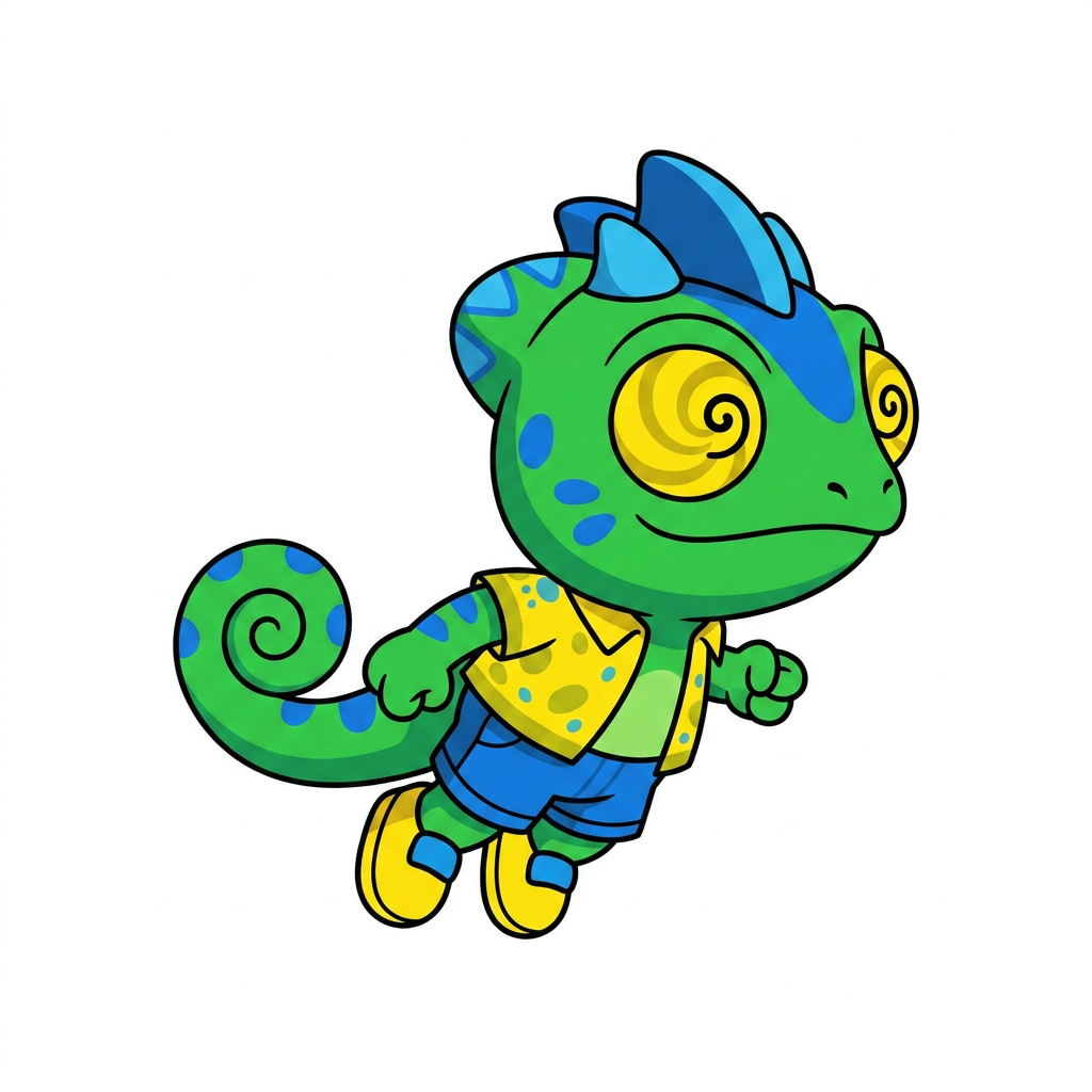AI Design for make backgorund white make this smal chameleon character face the right while ujmping facing the viewer and has minimal shading simple vbirant colors bold black lines and do not mess up the design even a bit