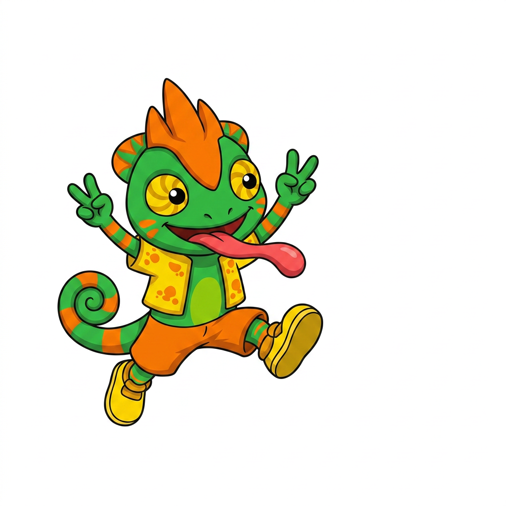 AI Design for use the provided reference image as the exact character design. Do not redesign or modify Tiny in any way. Keep all colors, proportions, markings, clothing, crest, horns, face, tail, and details exactly the same as the reference. Only change the pose. Tiny is shown in a dynamic mid-air jump on a pure white background. He is smiling happily and looking directly at the viewer. Both arms are raised upward in an excited, celebratory pose, with his legs bent naturally as if he has just jumped. Leave empty space on one side of the image for another character to stand beside him. Tiny should be positioned so that when another character is placed next to him, both characters appear to be jumping together with their raised arms forming a balanced composition. Use a clean, modern mascot illustration style with bold black outlines, flat vibrant colors, minimal shading, and smooth vector-style shapes. No text, no props, no shadows, no background elements, and no additional characters. The reference image is authoritative—only the pose should change. LISTEN BASIC COLOURS SIMPLE SHADING MINIMAL NOT MUCH AND BOLD BLACK LINES MAKE HIM SMALL CHUBBY AND LOOK TO HIS LEFT (MY RIGHT) THANK YOUUUU DO NOT INCLUDE ORANGE LIZARD JUST USE HIM AS ART STYLE INSPIRATION AND MAKE HIM LOOK A LITTLE BIT LIKE HIM short AND CHUBBY LIZARD WITH SHORT ARMS OK