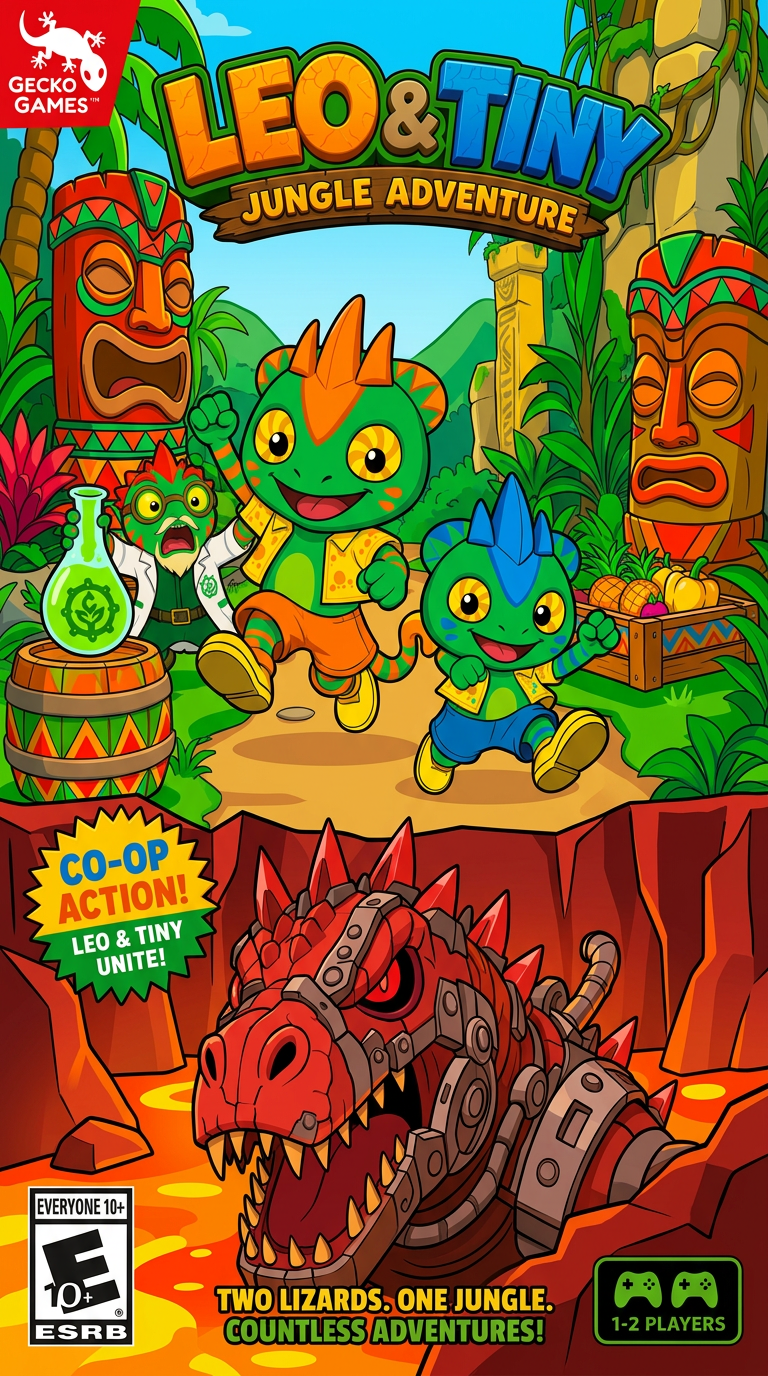 AI Design for make the charachters stand out more and make the barrels and amtch a color scheme that has no pink and mainly consists of triangular shapes zigzags and yellow red green orange and so on no pink or purple and make the lava land red rocks not dark tiki heads have no purrple or pink and make the photo feel less crowded love u