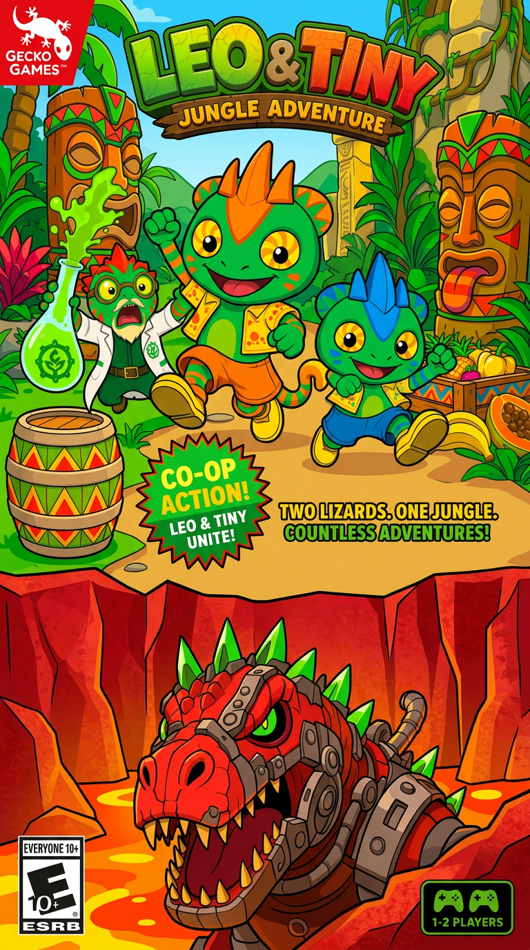 AI Design for make the charachters stand out more and make the barrels and amtch a color scheme that has no pink and mainly consists of triangular shapes zigzags and yellow red green orange and so on no pink or purple and make the lava land red rocks not dark tiki heads have no purrple or pink and make the photo feel less crowded love u