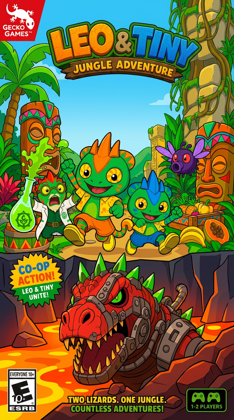 AI Design for 16 by 9 dimensions and make it feel less crowded and remove pink and purple from tiki headsd make their triangles on one green red and yellow triangles and have an orange brown body doing the same on the other whilst changing the face shape love u oh and make the lava rocks red brown where the dinosaur is