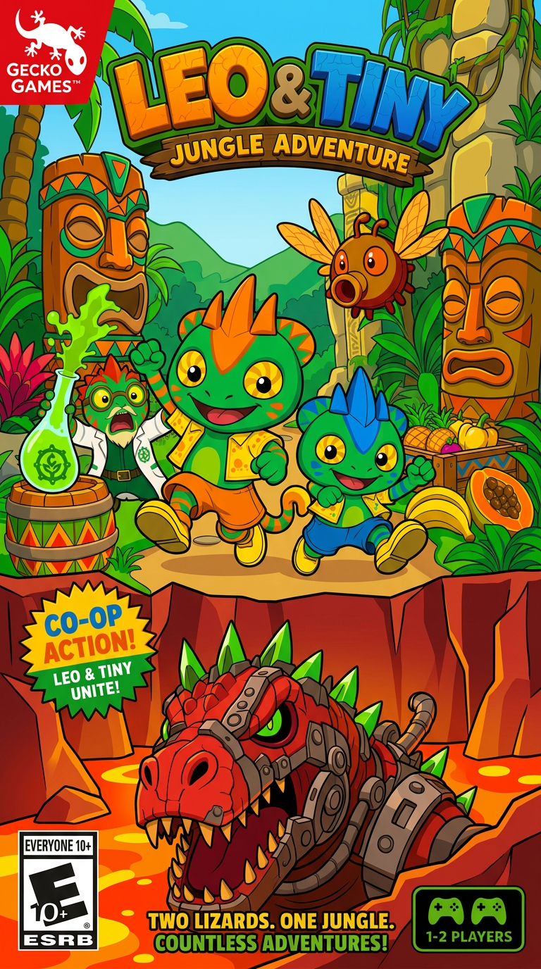 AI Design for make the charachters stand out more and make the barrels and amtch a color scheme that has no pink and mainly consists of triangular shapes zigzags and yellow red green orange and so on no pink or purple and make the lava land red rocks not dark tiki heads have no purrple or pink and make the photo feel less crowded love u