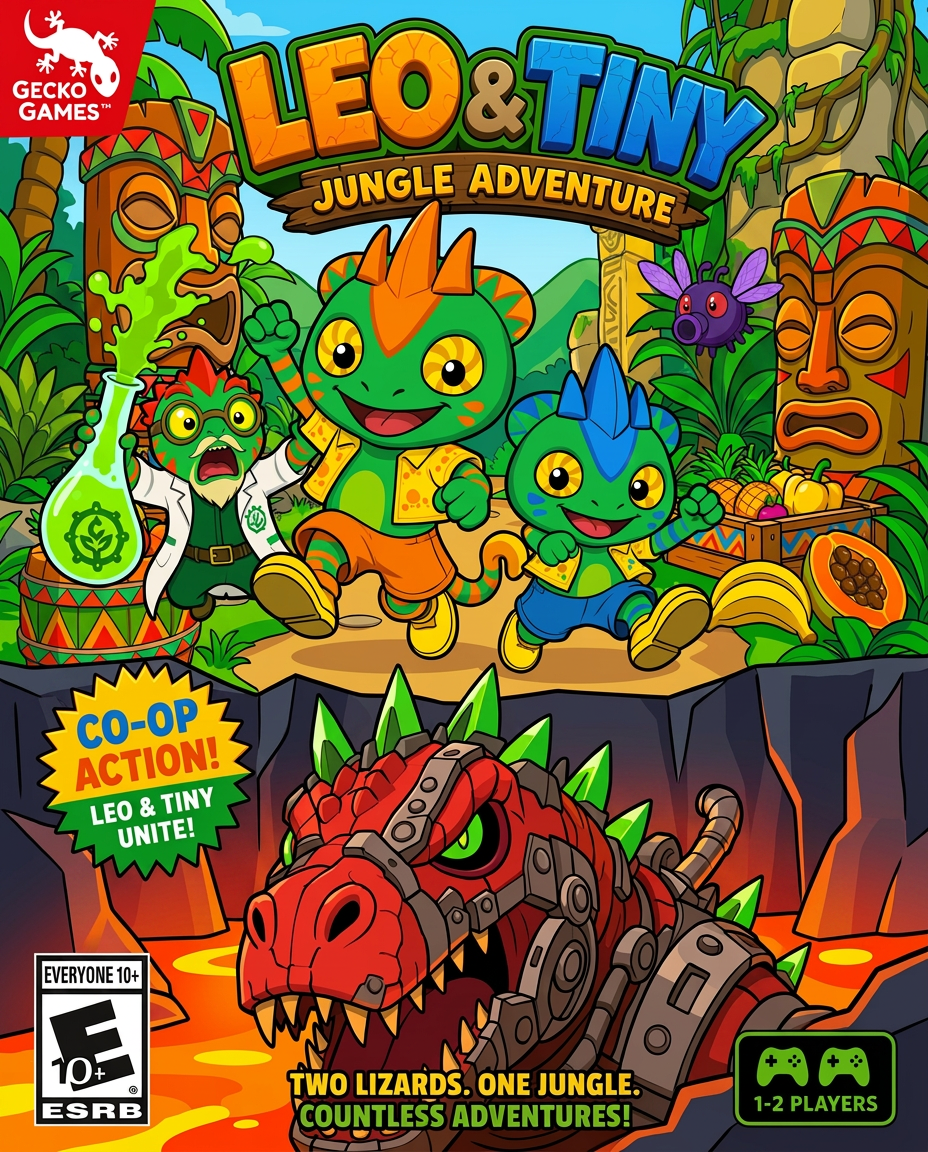 AI Design for make the charachters stand out more and make the barrels and amtch a color scheme that has no pink and mainly consists of triangular shapes zigzags and yellow red green orange and so on no pink or purple and make the lava land red rocks not dark tiki heads have no purrple or pink and make the photo feel less crowded love u