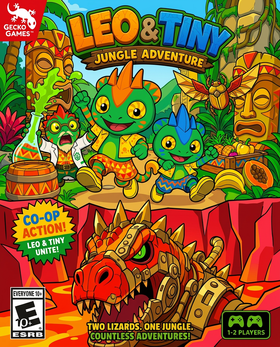 AI Design for make the charachters stand out more and make the barrels and amtch a color scheme that has no pink and mainly consists of triangular shapes zigzags and yellow red green orange and so on no pink or purple and make the lava land red rocks not dark tiki heads have no purrple or pink and make the photo feel less crowded love u