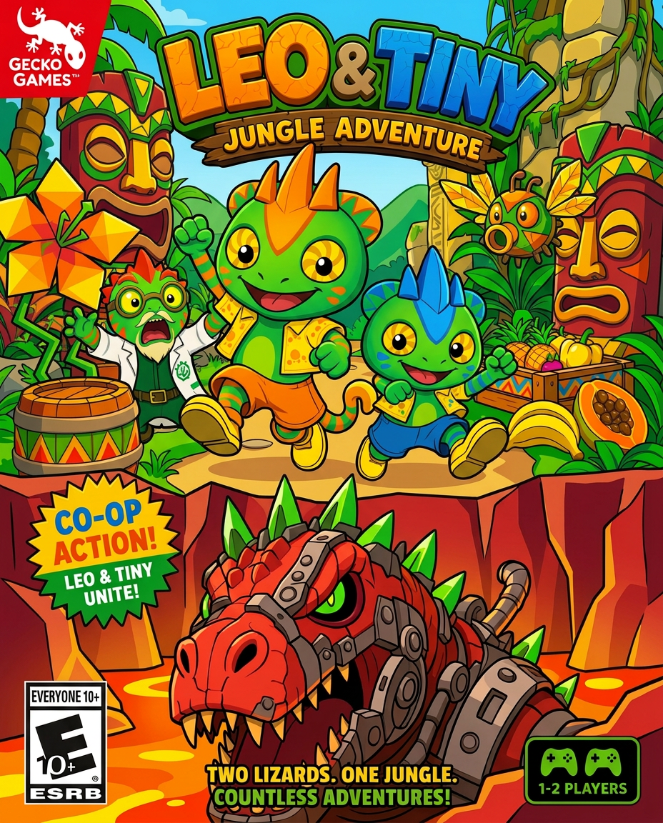 AI Design for make the charachters stand out more and make the tiki heads barrels and flower things amtch a color scheme that has no pink and mainly consists of triangular shapes zigzags and yellow red green orange and so on no pink or purple and make the lava land red rocks not dark
