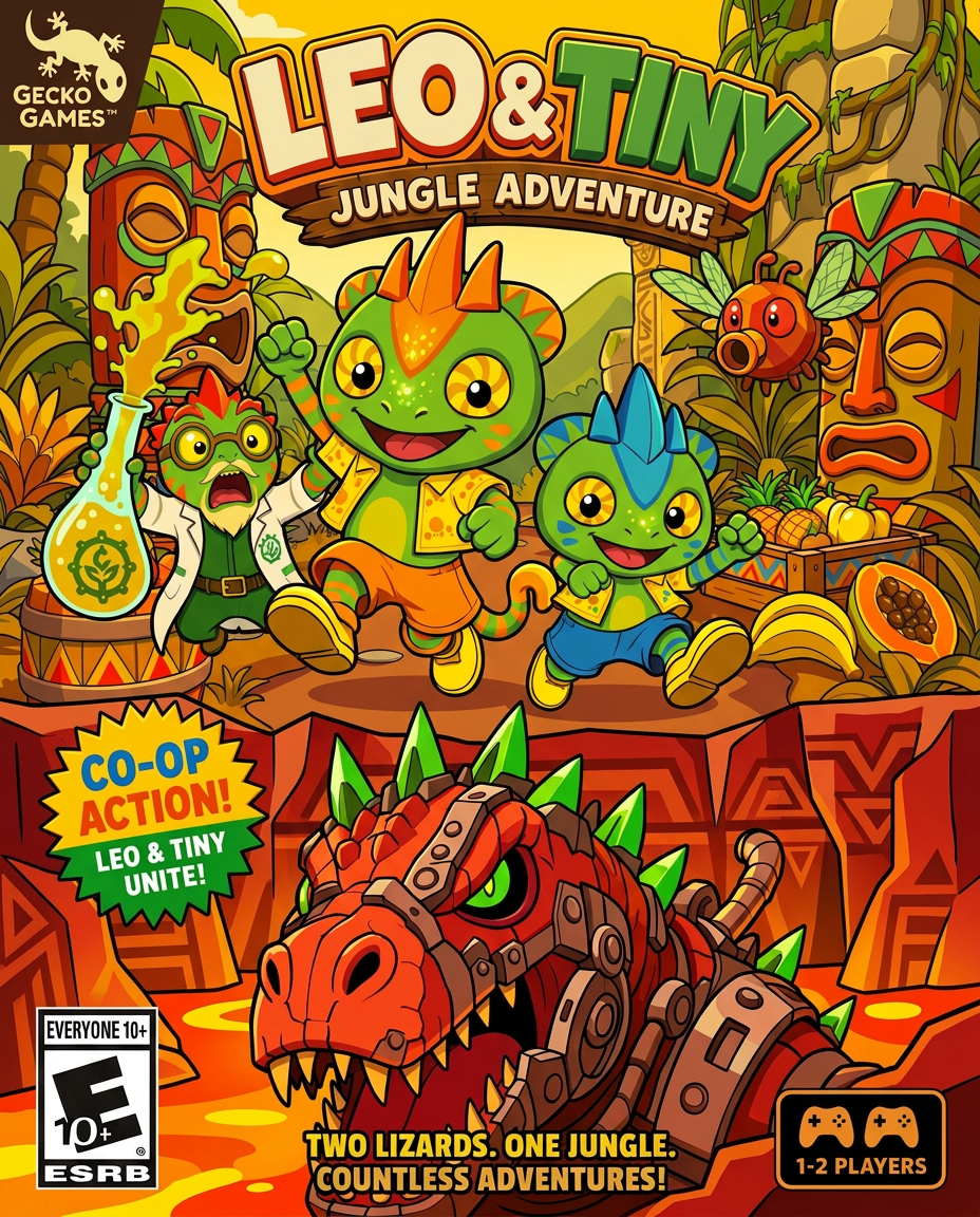 AI Design for make the charachters stand out more and make the tiki heads barrels and flower things amtch a color scheme that has no pink and mainly consists of triangular shapes zigzags and yellow red green orange and so on no pink or purple and make the lava land red rocks not dark