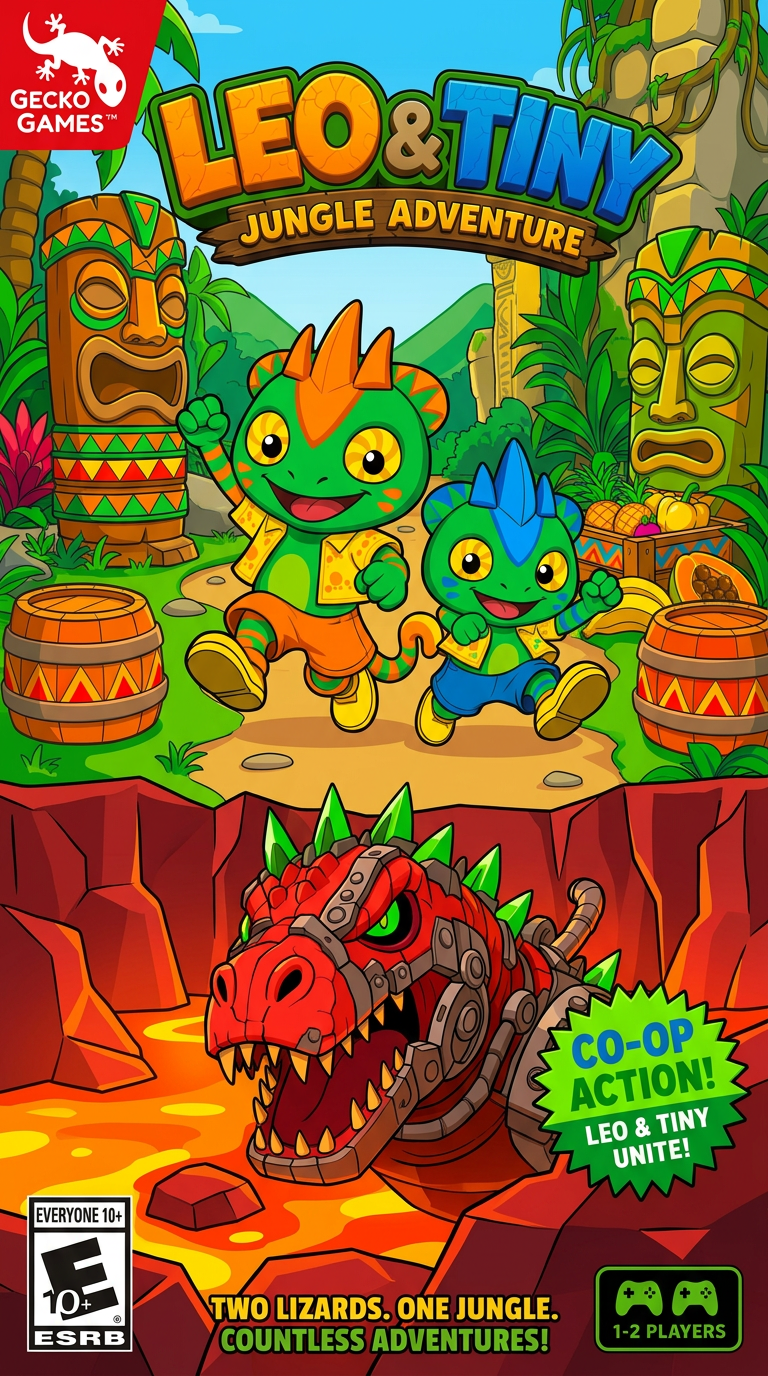 AI Design for make the charachters stand out more and make the barrels and amtch a color scheme that has no pink and mainly consists of triangular shapes zigzags and yellow red green orange and so on no pink or purple and make the lava land red rocks not dark tiki heads have no purrple or pink and make the photo feel less crowded love u