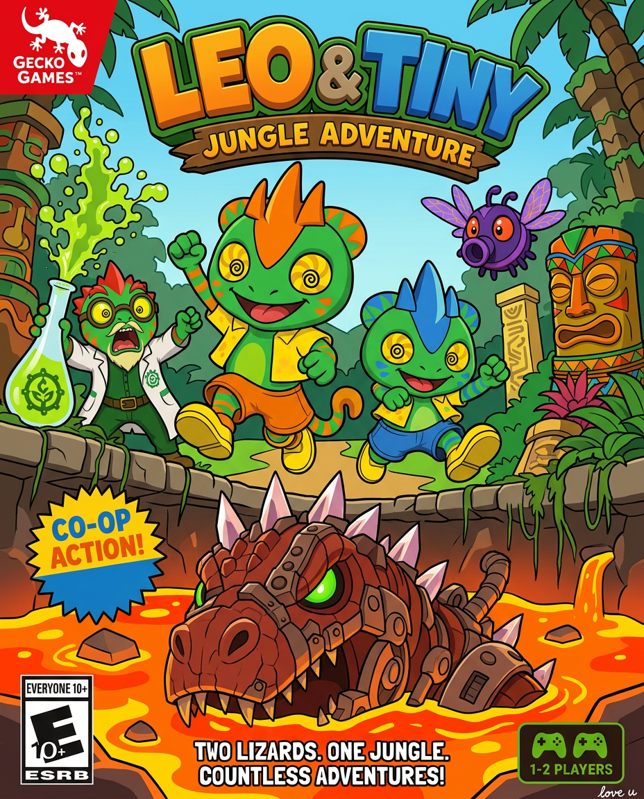 AI Design for draw the poster in the DRAWING STYLE of the other images in the promtbar so vibrant colours minimal almost no shading bold black lines make it look nice the tiki statues are colorfull with the villian in the underground being in a lava world thanks love u