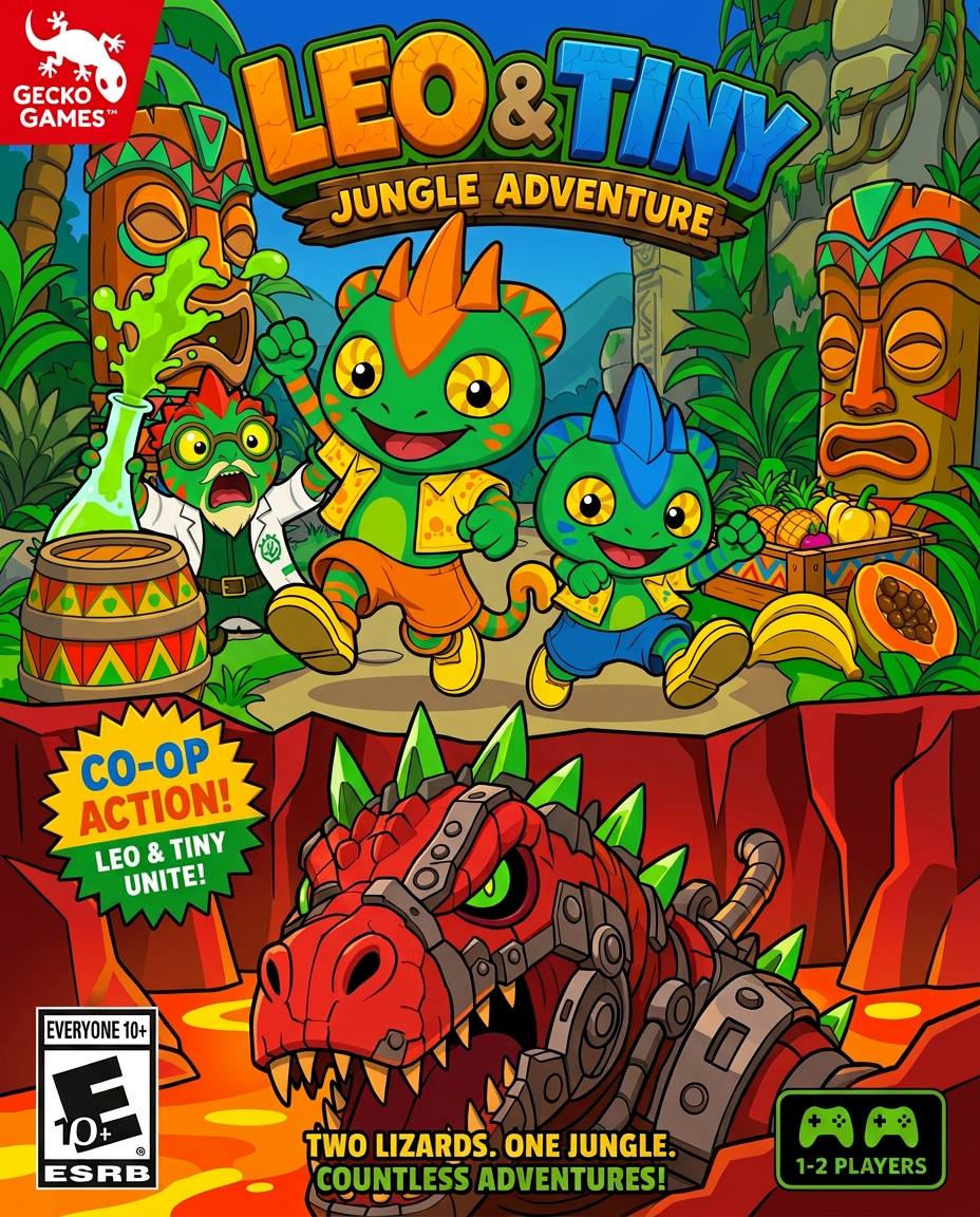 AI Design for make the charachters stand out more and make the barrels and amtch a color scheme that has no pink and mainly consists of triangular shapes zigzags and yellow red green orange and so on no pink or purple and make the lava land red rocks not dark tiki heads have no purrple or pink and make the photo feel less crowded love u