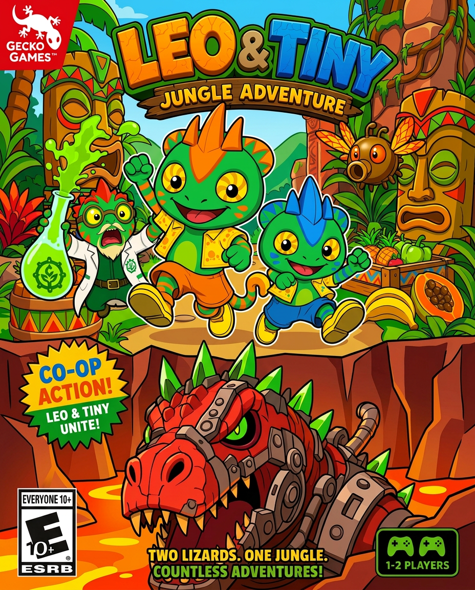 AI Design for make the charachters stand out more and make the tiki heads barrels and flower things amtch a color scheme that has no pink and mainly consists of triangular shapes zigzags and yellow red green orange and so on no pink or purple and make the lava land red rocks not dark
