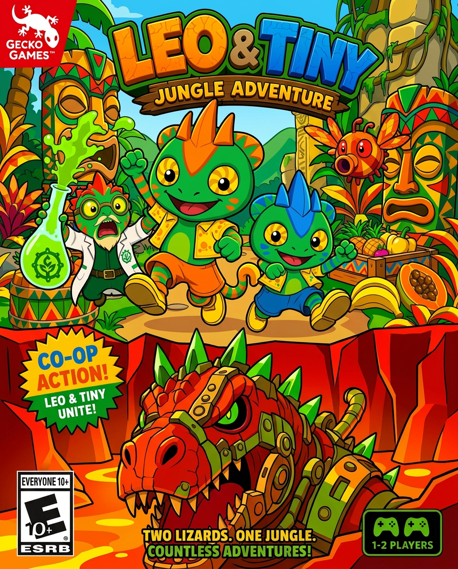 AI Design for make the charachters stand out more and make the tiki heads barrels and flower things amtch a color scheme that has no pink and mainly consists of triangular shapes zigzags and yellow red green orange and so on no pink or purple and make the lava land red rocks not dark