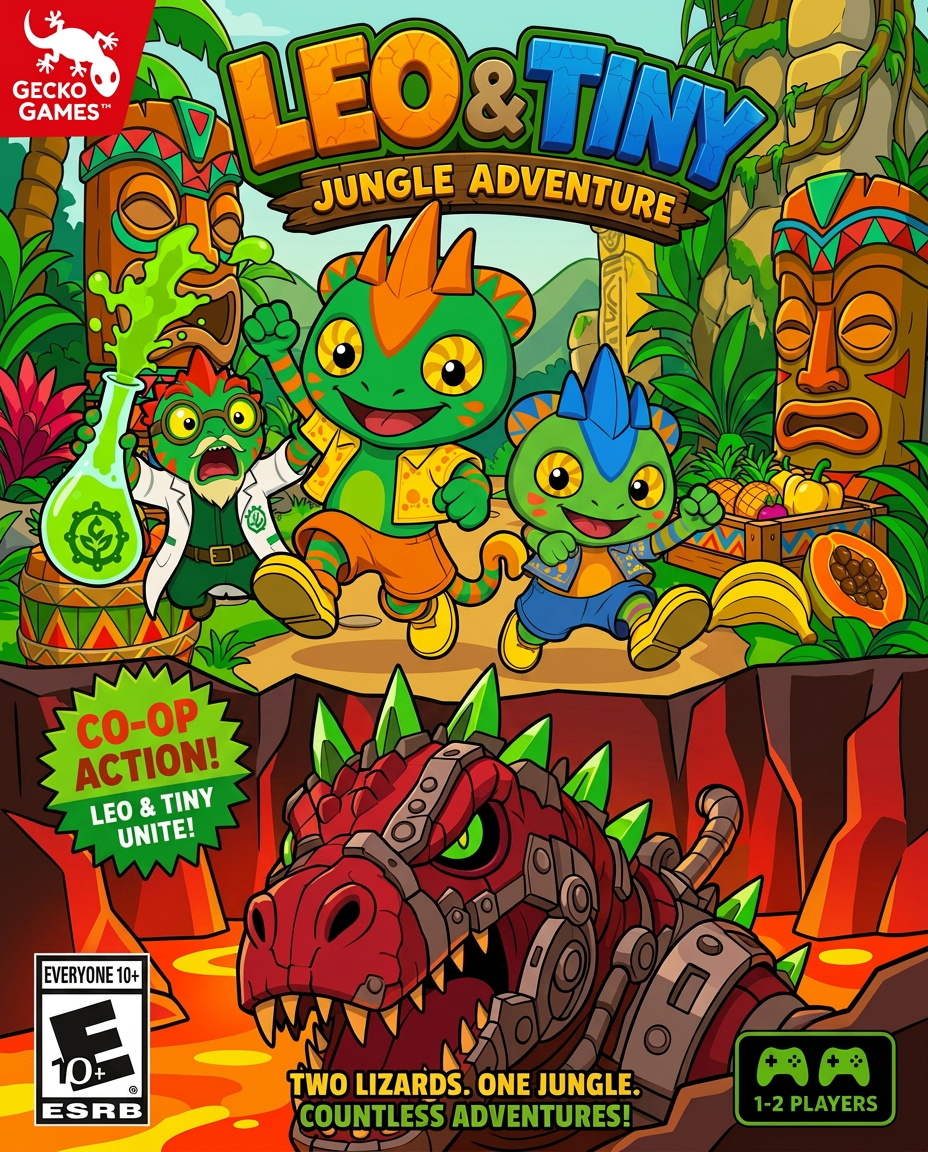 AI Design for make the charachters stand out more and make the barrels and amtch a color scheme that has no pink and mainly consists of triangular shapes zigzags and yellow red green orange and so on no pink or purple and make the lava land red rocks not dark tiki heads have no purrple or pink and make the photo feel less crowded love u