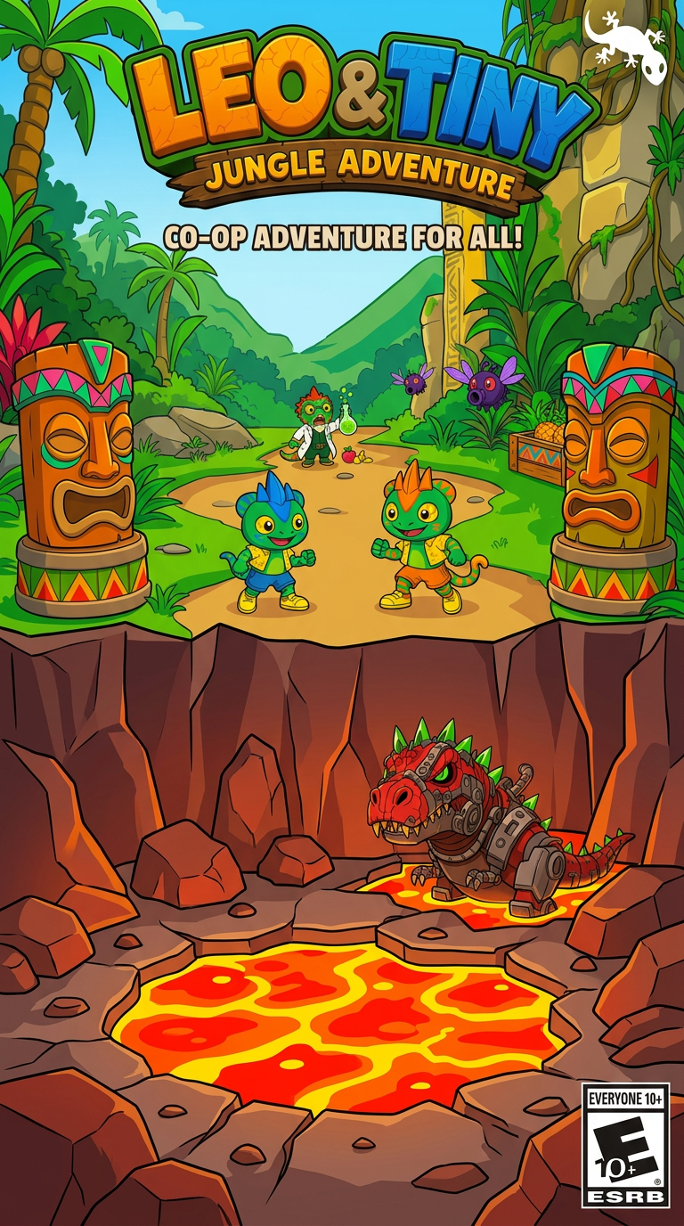 AI Design for 16 by 9 dimensions and make it feel less crowded and remove pink and purple from tiki headsd make their triangles on one green red and yellow triangles and have an orange brown body doing the same on the other whilst changing the face shape love u oh and make the lava rocks red brown where the dinosaur is