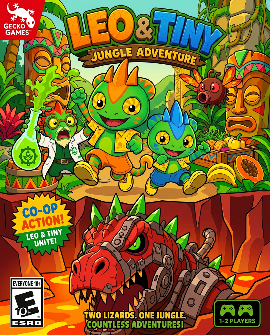 AI Design for make the charachters stand out more and make the tiki heads barrels and flower things amtch a color scheme that has no pink and mainly consists of triangular shapes zigzags and yellow red green orange and so on no pink or purple and make the lava land red rocks not dark