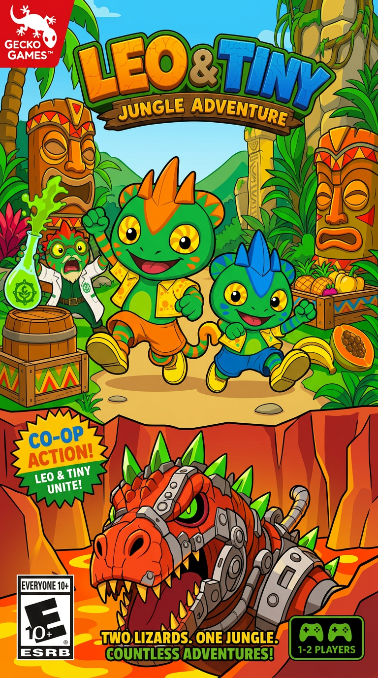 AI Design for make the charachters stand out more and make the barrels and amtch a color scheme that has no pink and mainly consists of triangular shapes zigzags and yellow red green orange and so on no pink or purple and make the lava land red rocks not dark tiki heads have no purrple or pink and make the photo feel less crowded love u